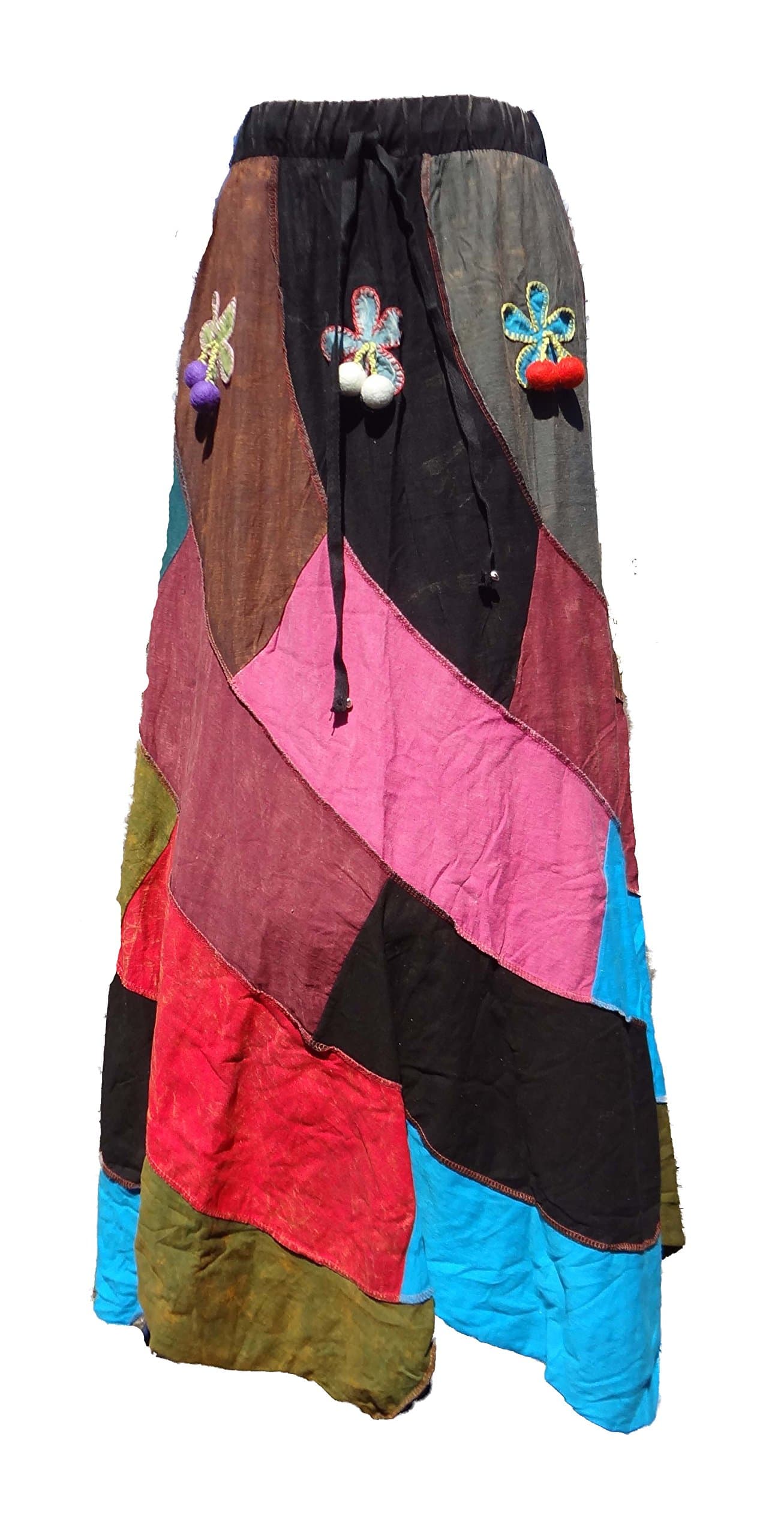 Bohemian Hippie Patchwork Skirt with Felt Applique Handmade in Nepal