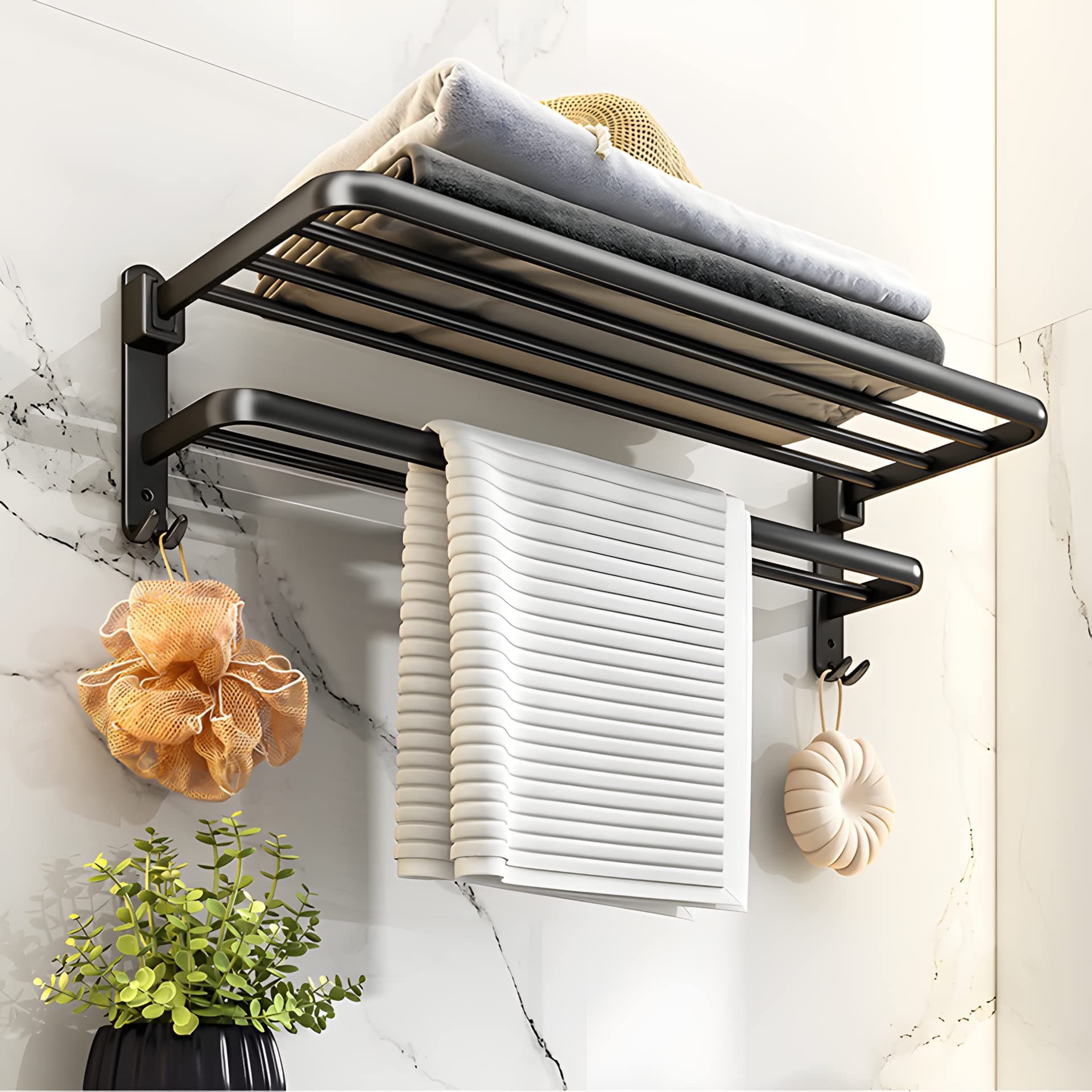 Black Towel Rail Self Adhesive, Wall Mounted Towel Rack Foldable, Bath Towel Rail with Shelf, 2 Tier Towel Holder for Bathroom (Matte, 58cm)