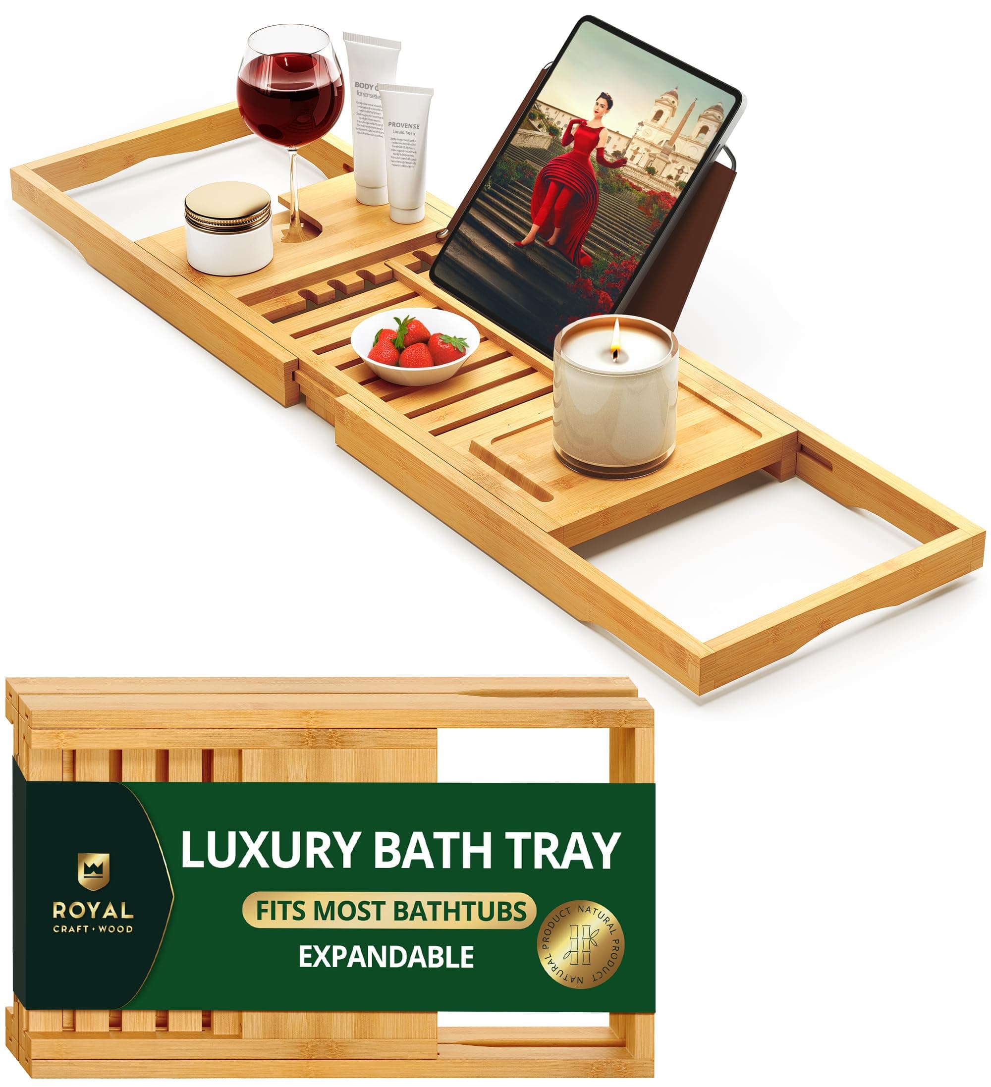 ROYAL CRAFT WOOD Premium Foldable Bathtub Tray Caddy - Wood Bath Tray for Tub, Bamboo Shelf, Expandable Bath Table Trays, Bathtub & Bathroom Accessories for New Home & Mothers, Birthday Gifts for Mom
