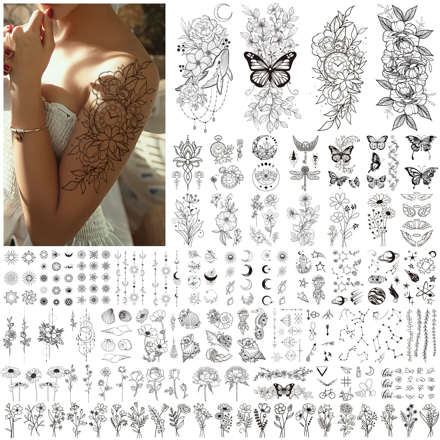 61 Sheets Temporary Tattoos for Women Girls - Black Flowers Wild Plant Butterfly Fake Tattoos for adults, Semi Permanent Transfer Tattoos Stickers for Makeup Accessories Decorations