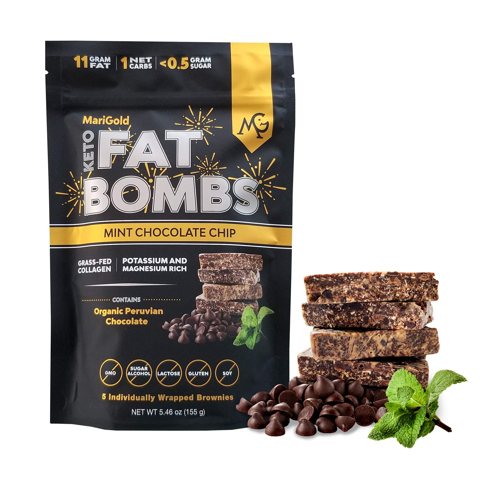MariGoldKeto Fat Bombs Snacks - Mint Chocolate Chip - Low Carb, Collagen Rich, Organic Cocoa Butter, Dark Chocolate, Organic Peppermint, Gluten-Free, Non-GMO (1 bag, 5 Servings), No Weird Aftertaste