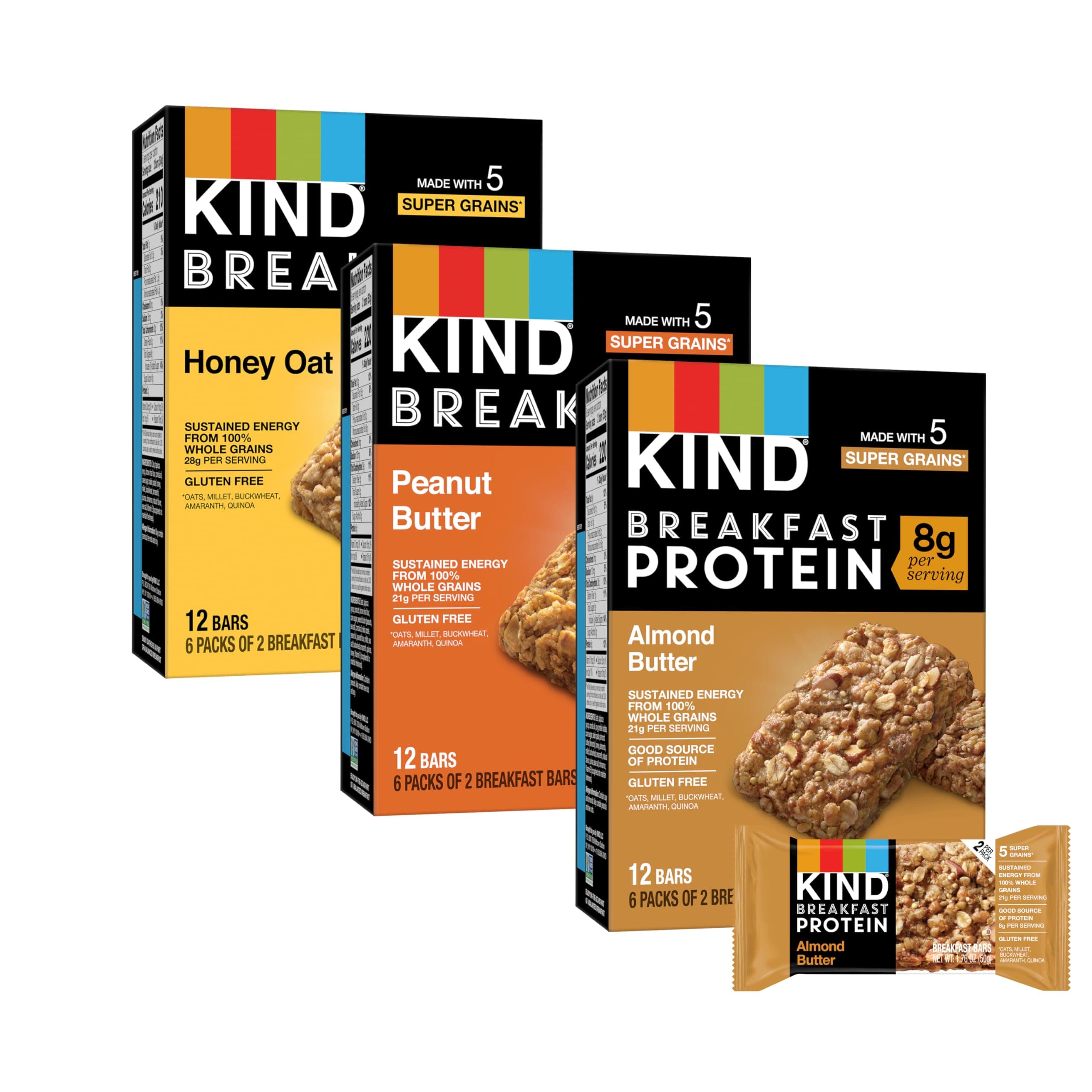 Breakfast Bars, Variety Pack, Honey Oat, Almond Butter, and Peanut Butter, Healthy Snacks, Gluten Free, 3-8g Protein, 18 Count