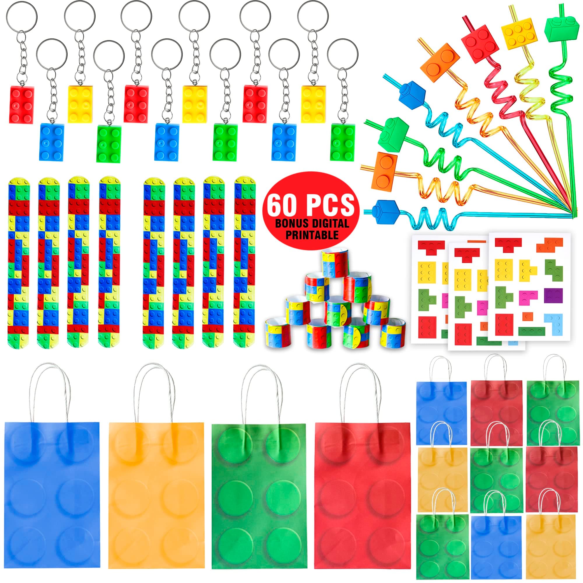 60 Pcs Building Blocks Party Favors For Kids, Set Of 12 Brick Style Keychain Wristband Treat Bag Straws Stickers for Building Blocks Birthday Party Supplies