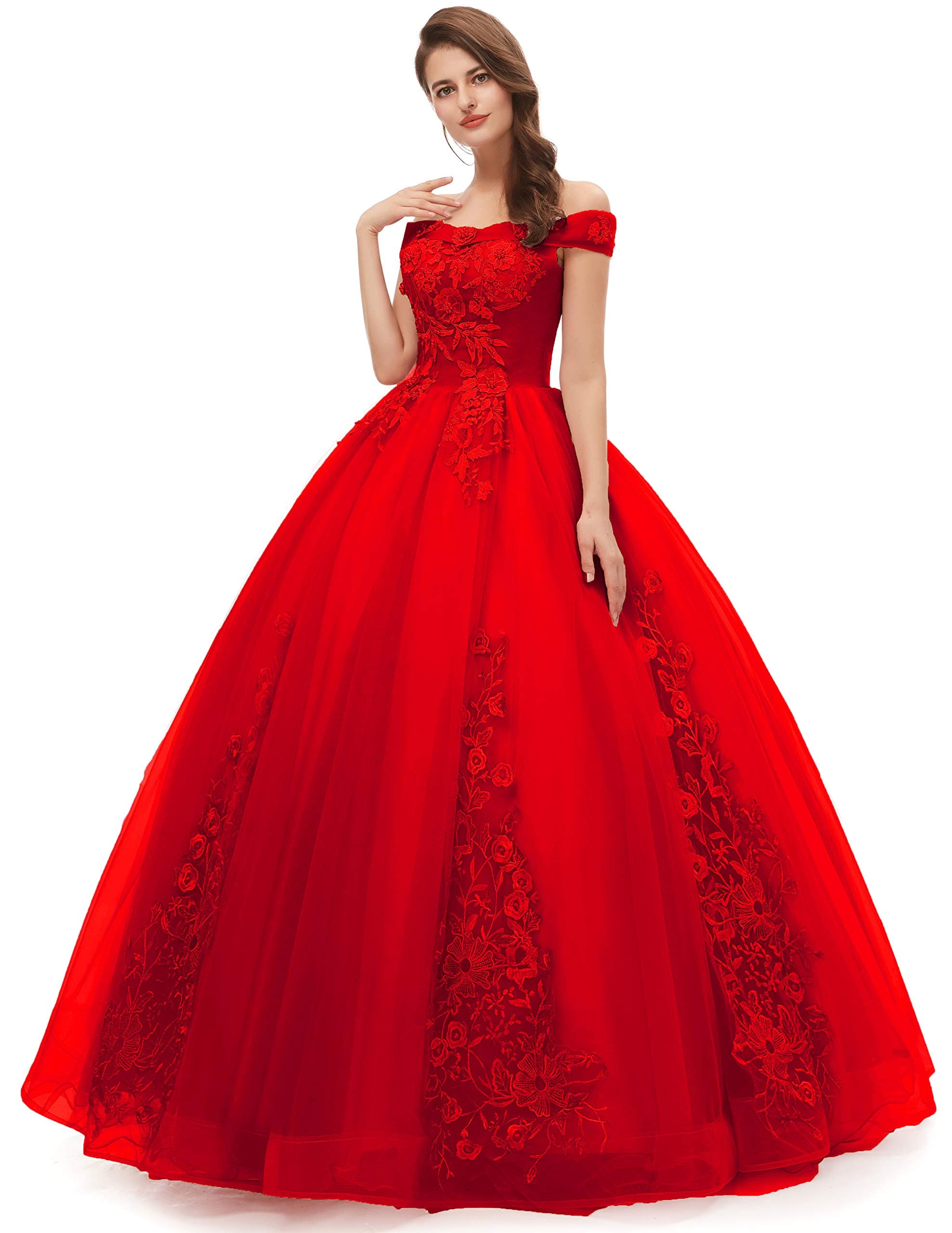 Okaybrial Women's Sweet 16 Quinceanera Dresses Off Shoulder Lace Long Prom Ball Gowns
