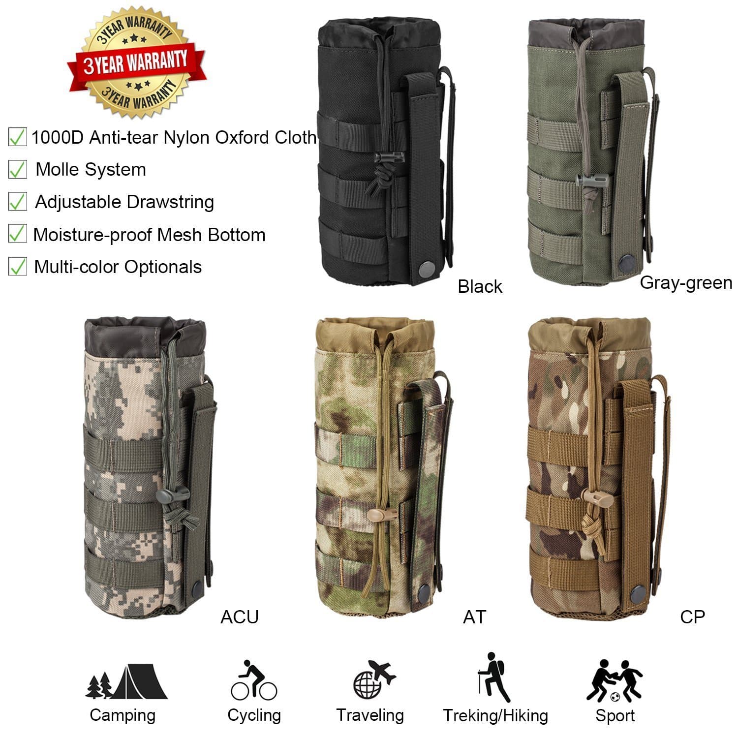Molle Pouch Attachments Tactical Backpack Accessories Water Bottle Holder Bag Multipurpose Tools EDC Pouches for Outdoor Hiking Backpacking Camping Travel Treking Car Cycling