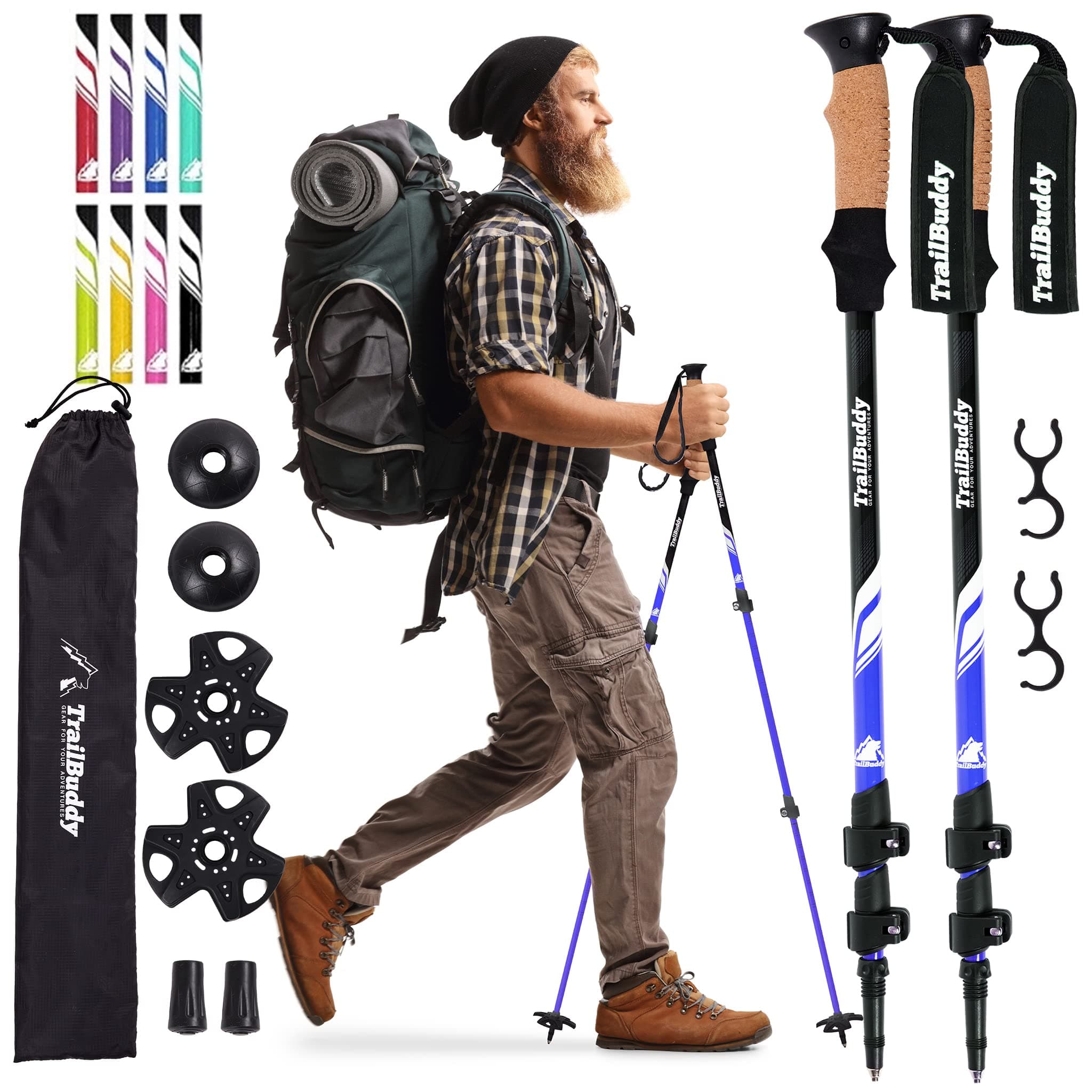 TrailBuddy Lightweight Trekking Poles - 2-pc Pack Adjustable Hiking or Walking Sticks - Strong Aircraft Aluminum - Quick Adjust Flip-Lock - Cork Grip, Padded Strap (Lake Blue)