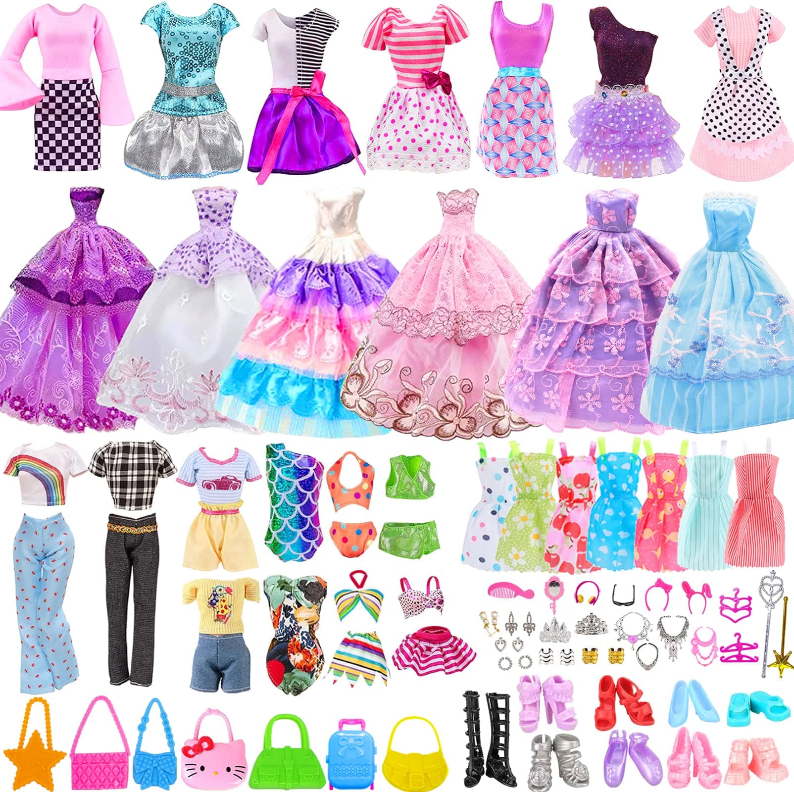 56Pcs Doll Clothes Outfit, Doll Accessories Mini Dress Party Dress Bikini Set Tops Pants Handbags Shoes Jewelry Accessories Random Stlye for 11.5 inch Girl Doll