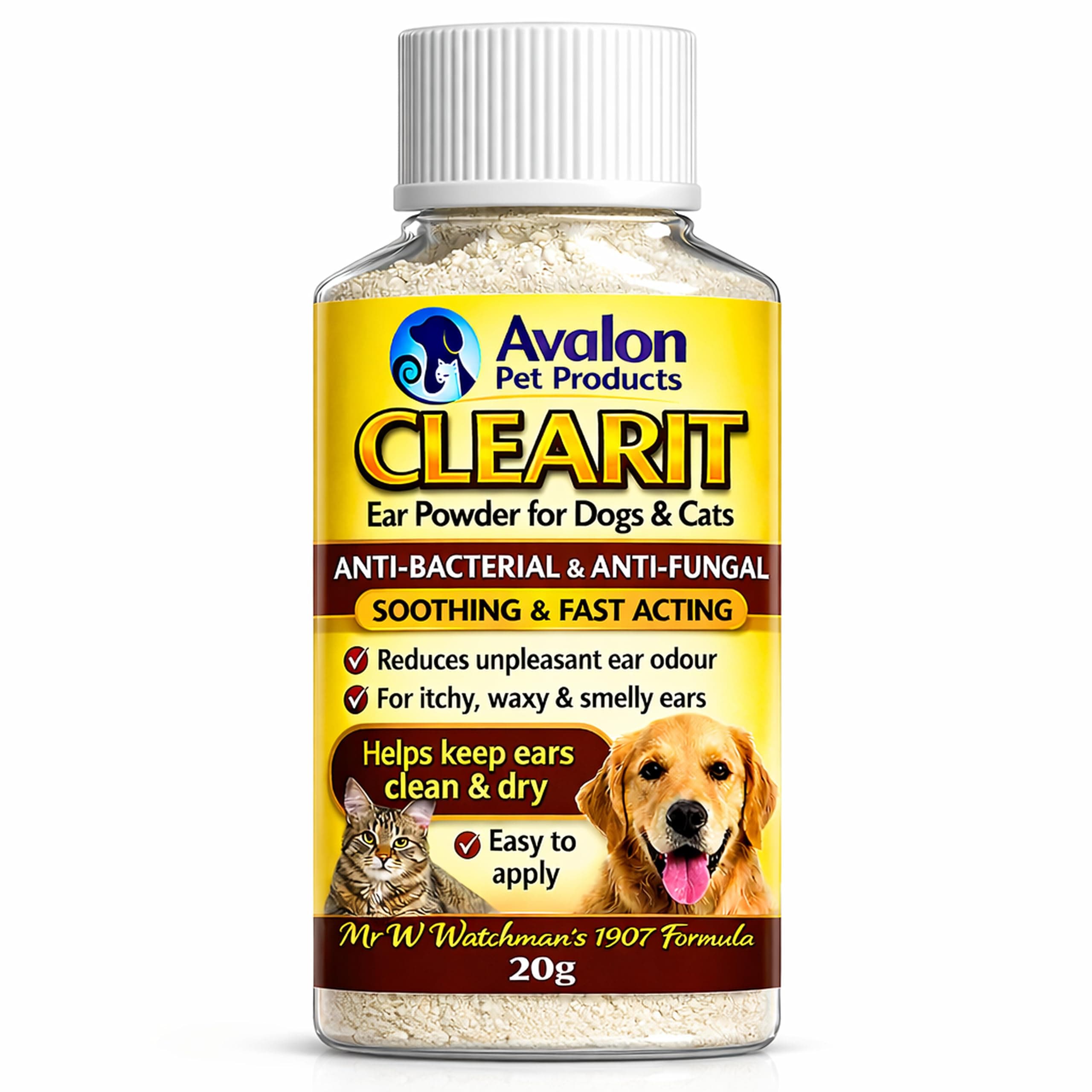 CLEARIT 20G Ear Powder for Dogs & Cats – Anti Bacterial & Anti Fungal Powder – Supports Yeast Control, Itching, Wax Build-Up & Odour - Helps Keep Ears Dry, Fresh & Comfortable –