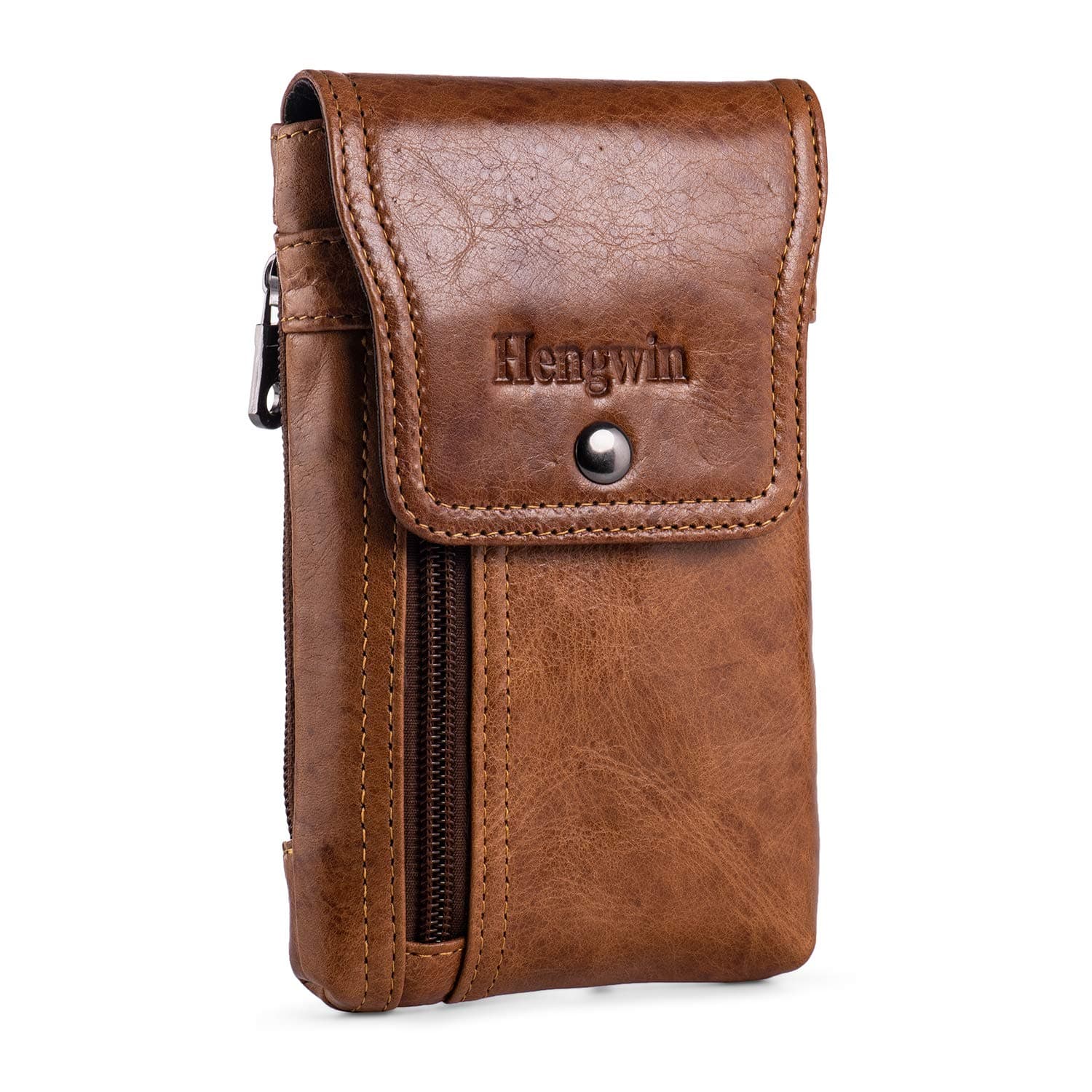 Hengwin Phone Holster Belt Case with Belt Clip, Genuine Leather Belt Pouch Cell Phone Holder Fit for iPhone 16 Plus 15 Pro Max 14 Pro Max Samsung Galaxy S25 Plus (Fit Cellphone with Case On) (Brown)