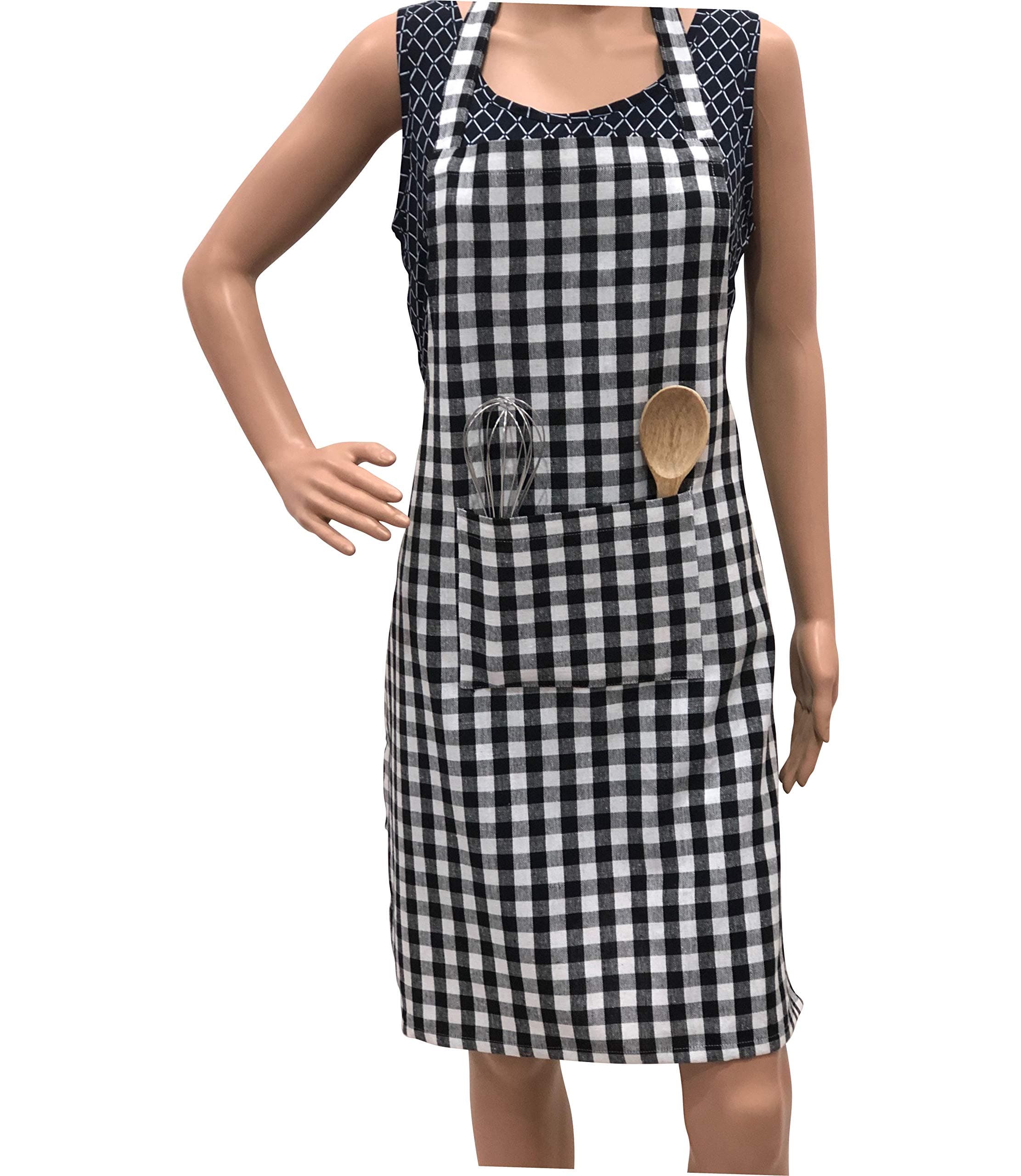 Pixel Home Cotton Apron 100% Cotton Check Kitchen Apron with Front Center Pocket Best Design Apron (Black Checked)