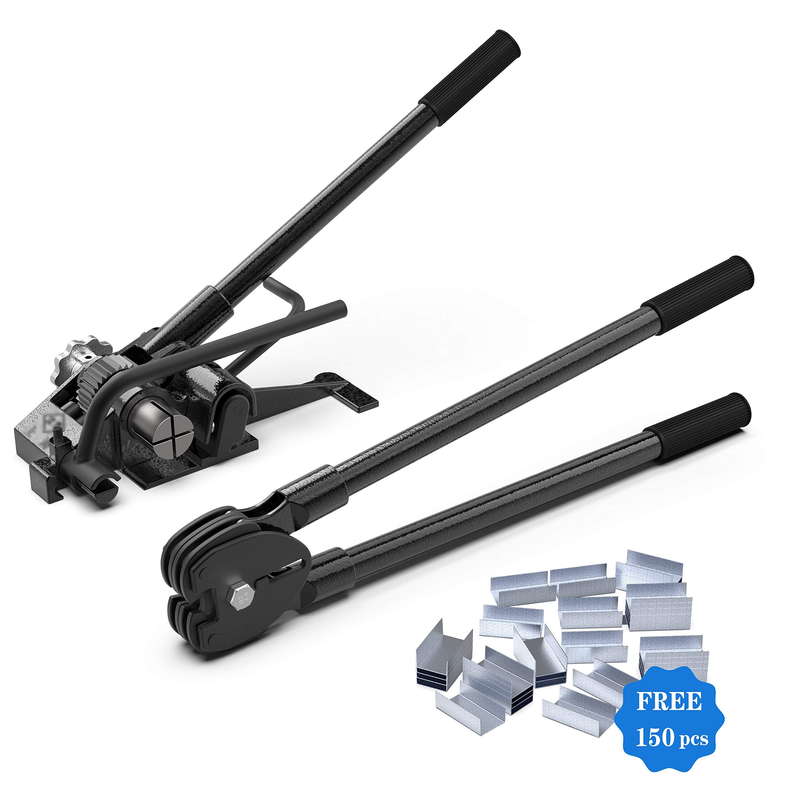 Steel Strapping Kit - Heavy Duty Strapping Tool Set for 3/8" to 3/4" Steel Strapping, Tensioner/Sealer / 150PCS Open Seals