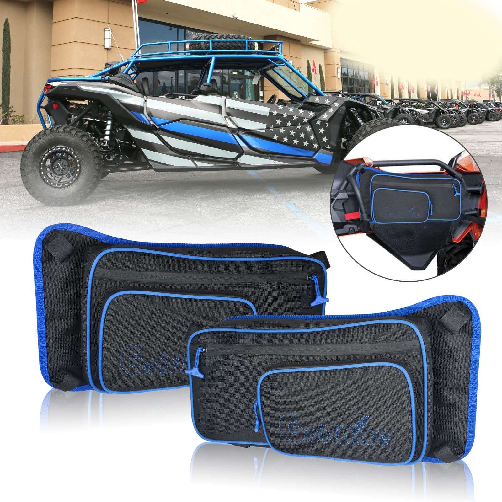 Rear Door Storage Bag Passenger Side Door Bag Compatible with 2017-2025 Can Am Maverick X3 Max RS DS Turbo R RR MR RC,(Blue Piping,Rear)