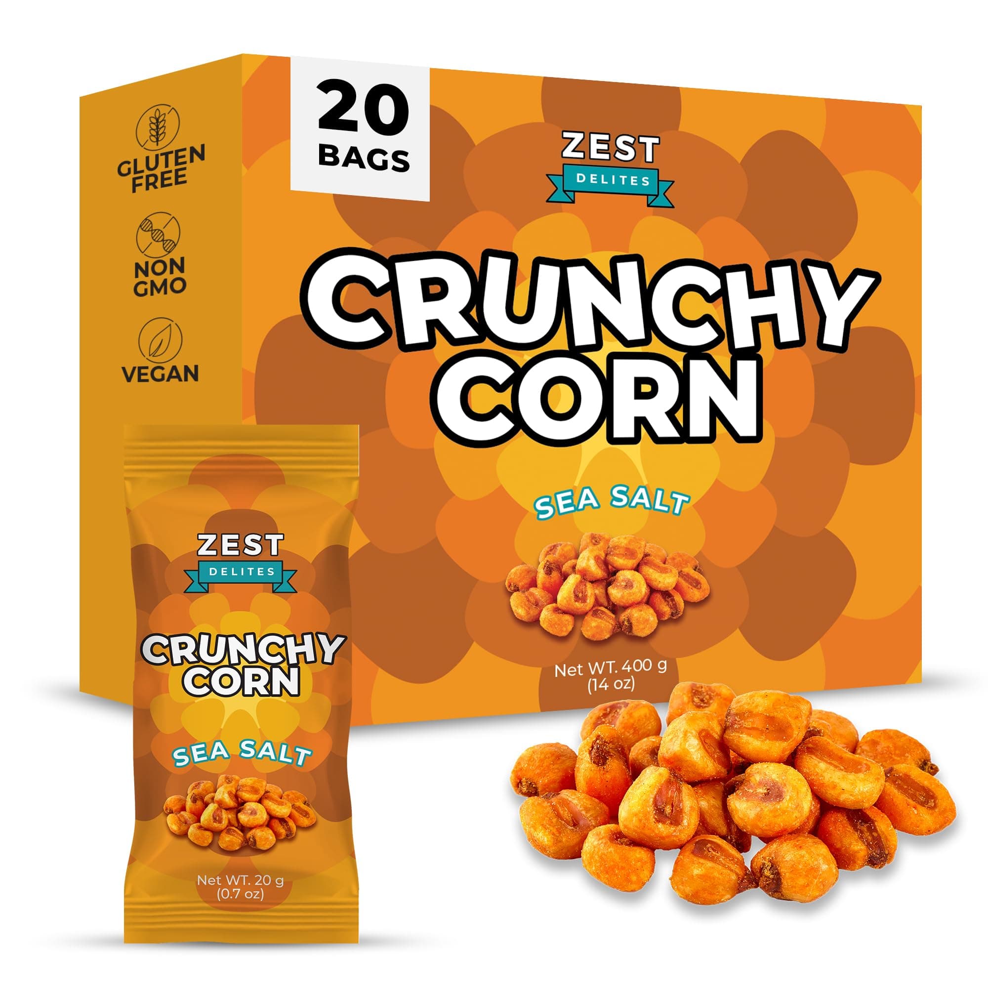 Crunchy Corn Snacks by Zest Delites, Sea Salt Roasted Corn, 20 g x 20 Packs, Healthy Snacks for Adults & Kids, Nuts-Like Crunch, Gluten Free, Vegan, NON-GMO