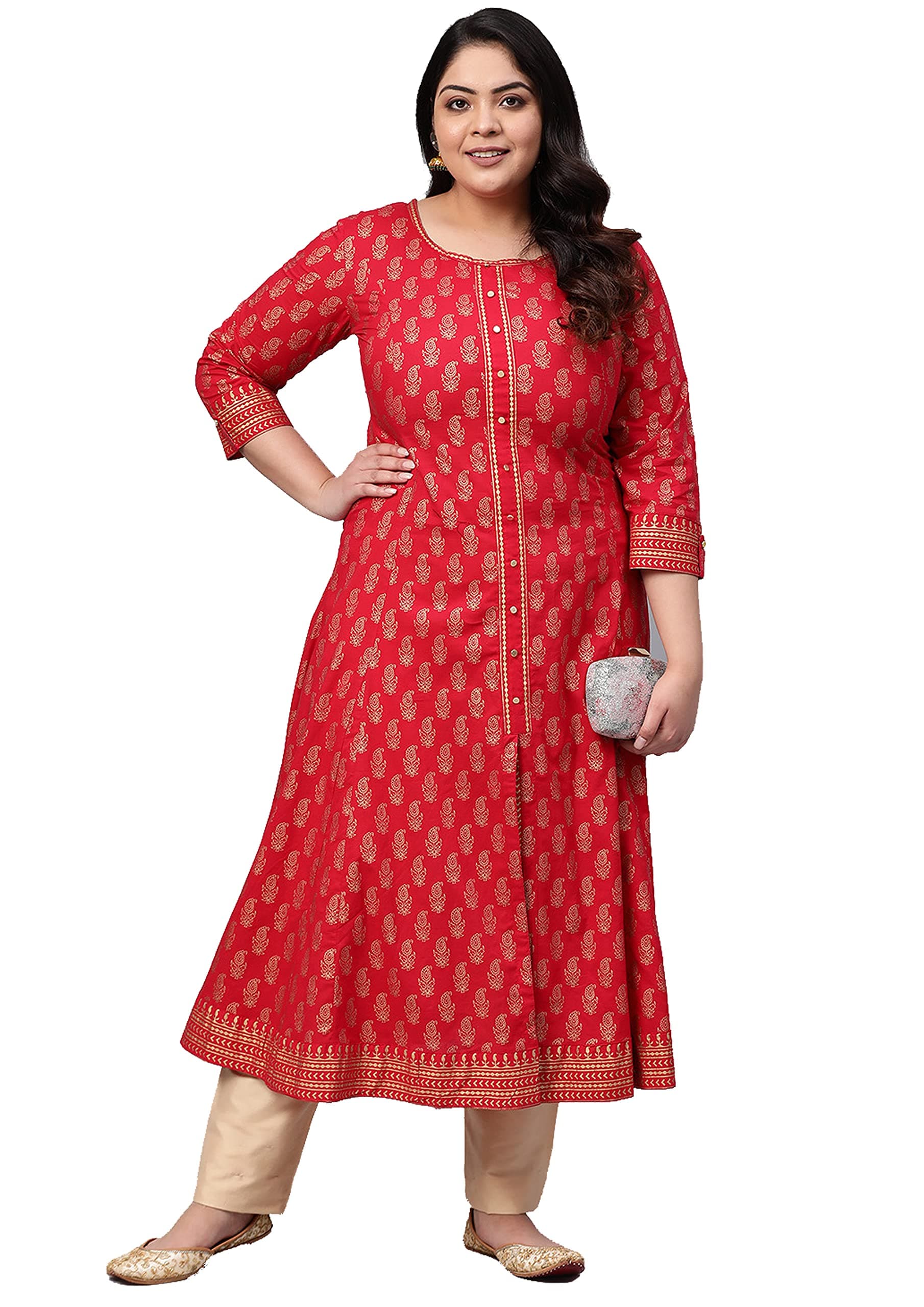 Women's Plus Size Cotton Calf Length Flared 3/4 Sleeve Anarkali Kurta Dress For Summer