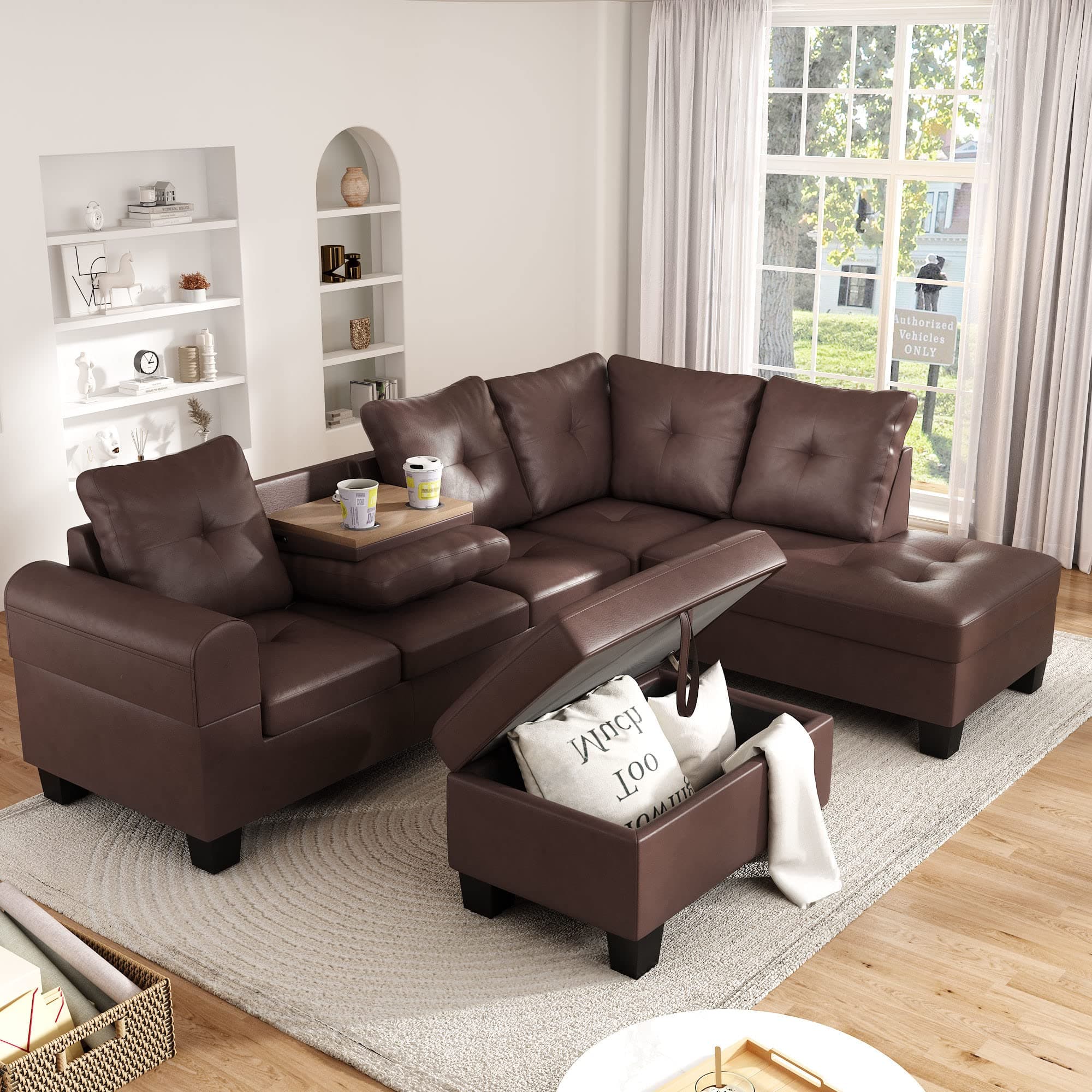 DKLGG Storage Ottoman, Modern PU Leather L-Shaped Couch Modular Sectional w/Cup Holder, Living Room Furniture Set for Apartment, Small Space, Left Hand Sofa, Dark Brown