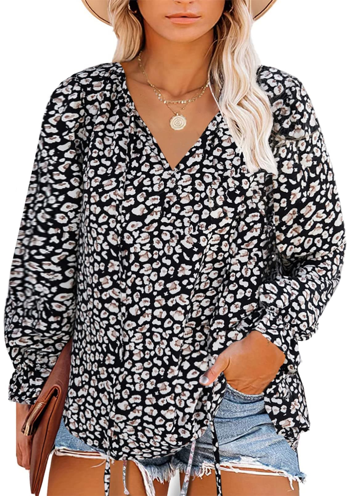 Eytino Women Plus Size Tops Boho Floral Printed Casual V Neck Long Sleeve Drawstring Blouses Shirts(1X-5X)