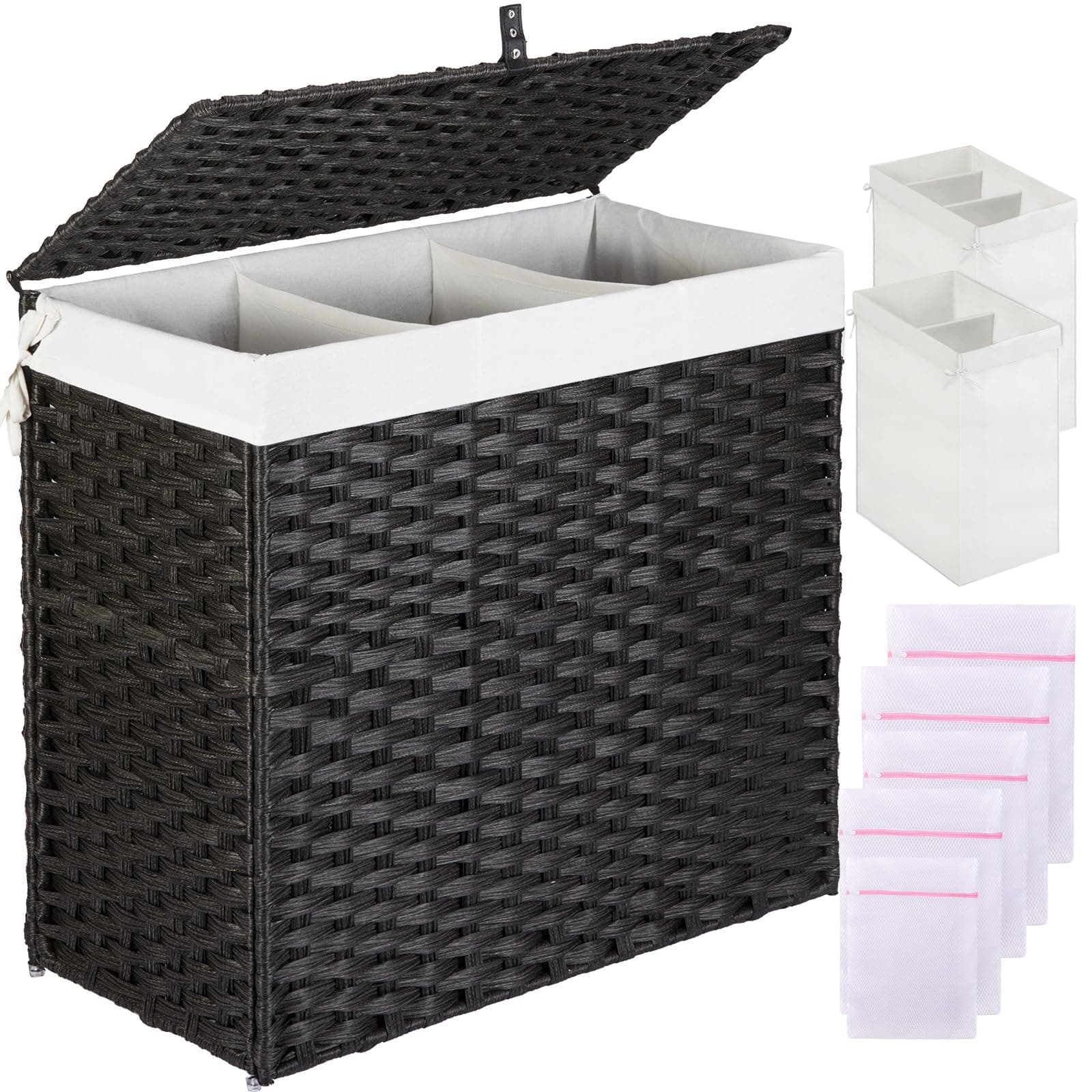 - Laundry Hamper with Lid, 125L Large Clothes Hamper with 3 Section & 2 Section Removable Liner Bags & 5 Mesh Laundry Bags, Handwoven Synthetic Rattan Divided Laundry Basket, Black