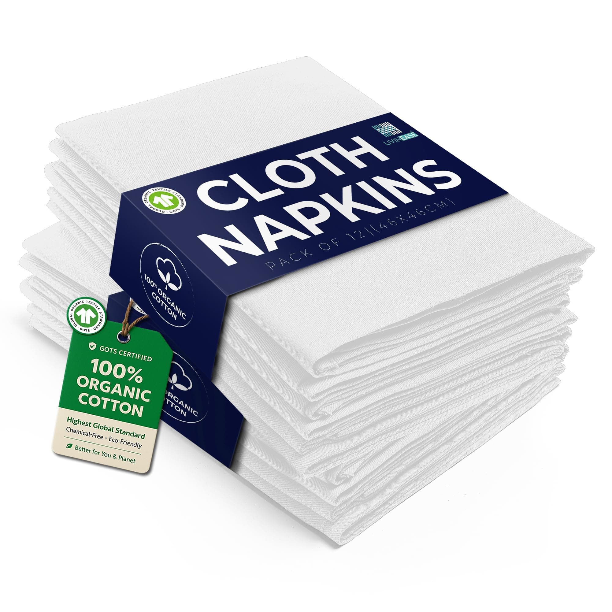 LivinEase 12-Pack White Cotton Cloth Napkins - 100% Organic, Heavy Weight, Reusable, 46 x 46 cm