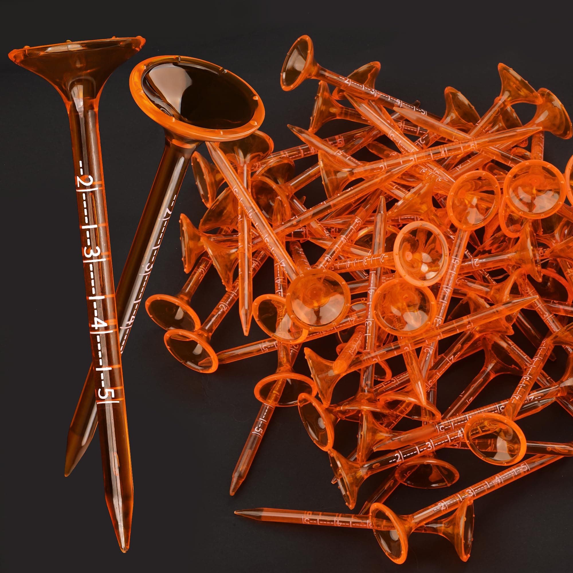 prowithlin Golf Tees 3 1/4'' Unbreakable Orange Transparent Acrylic with Tick Marks, Plastic Golf Tees Reduce Side Spin & Friction, Long Golf Tee 8 Prongs - 50 Pack (Orange)