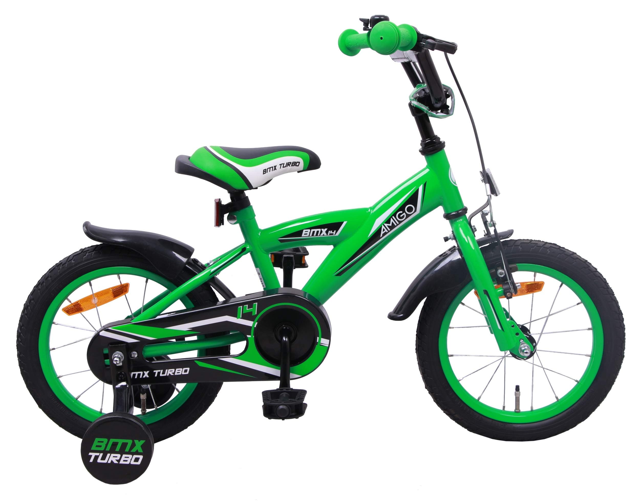 AMIGO BMX Turbo - Kids bike - 14 Inch - Boys - With training wheels and coaster brake - Green