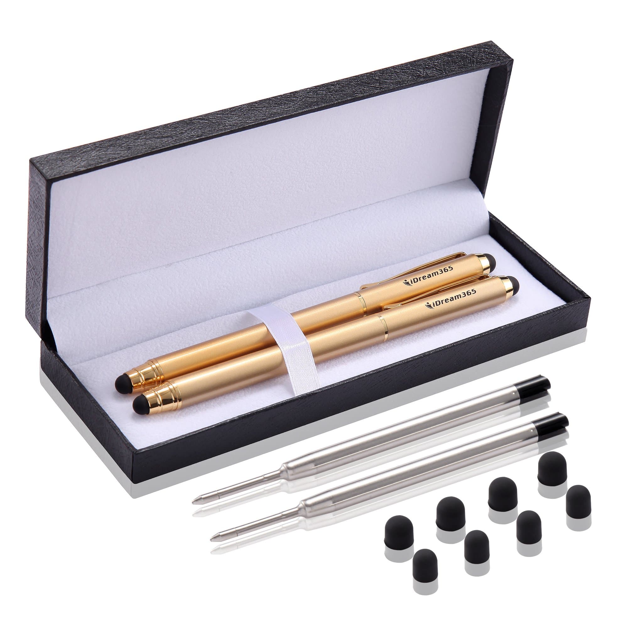 Stylus,iDream365(TM) 2pcs 3-in-1 Stylus Pen(5.7" Length,Stainstainless Steel) for All Capacitive Touch Screen Smartphones,Tablets PC(Extra 2 Refills+8 Rubber Tips) with Gift Box-Gold