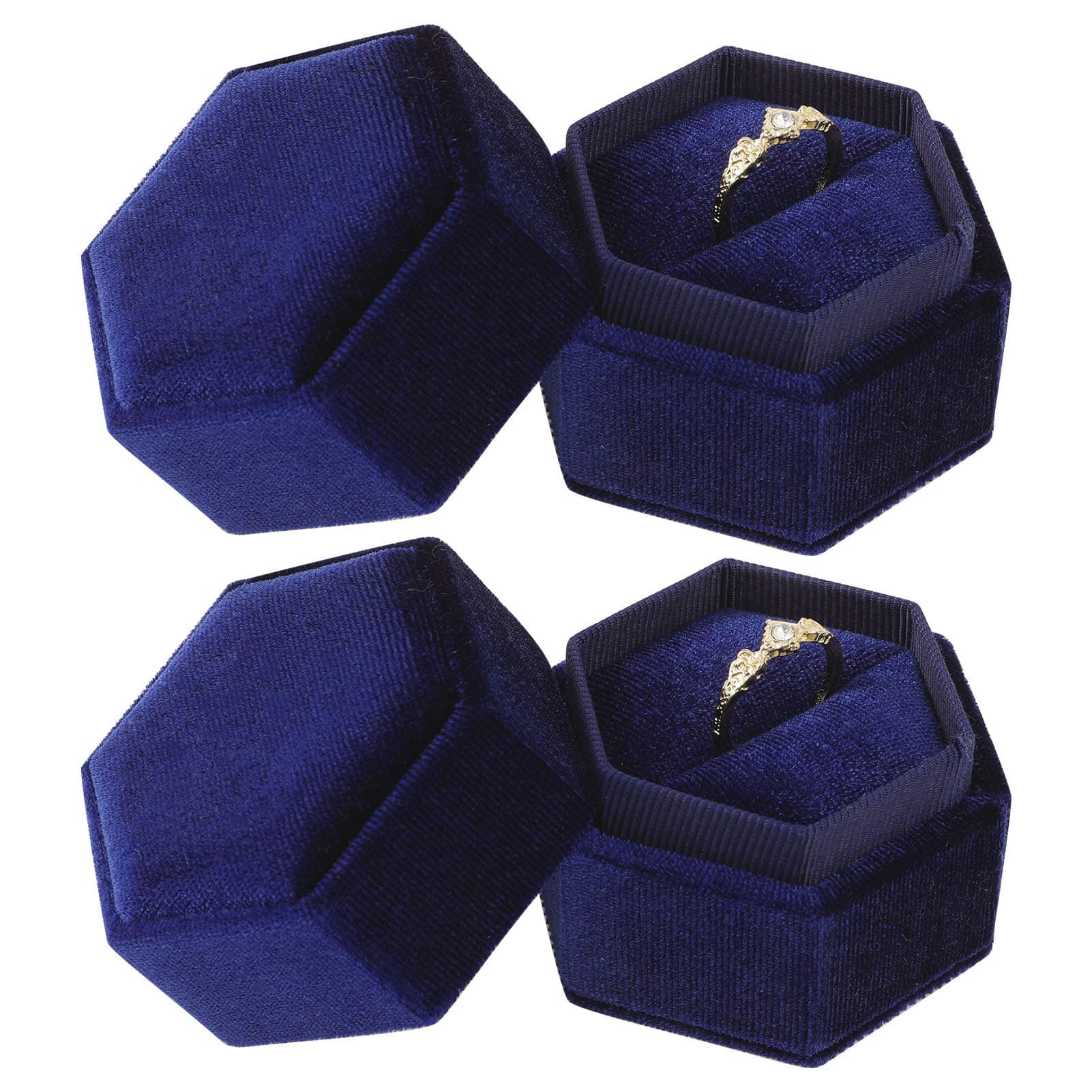 metagio 2 Packs Hexagon Velvet Ring Box, Elegant Wedding Ring Box, Ring Holder Case Rings Storage Box Case for Engagement, Wedding, Ceremony, Ring Display and Storage, 3 Colors(Dark Blue)