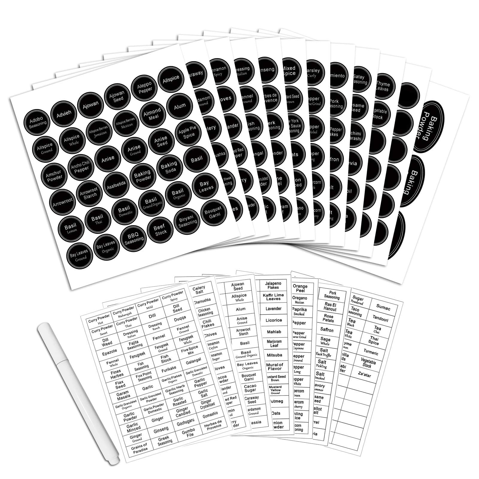 SWOMMOLY 771 Printed Spice Jar Labels with Extra Write-on Labels, Pantry Stickers and Chalk Marker Pen. Chalkboard and Transparent Set