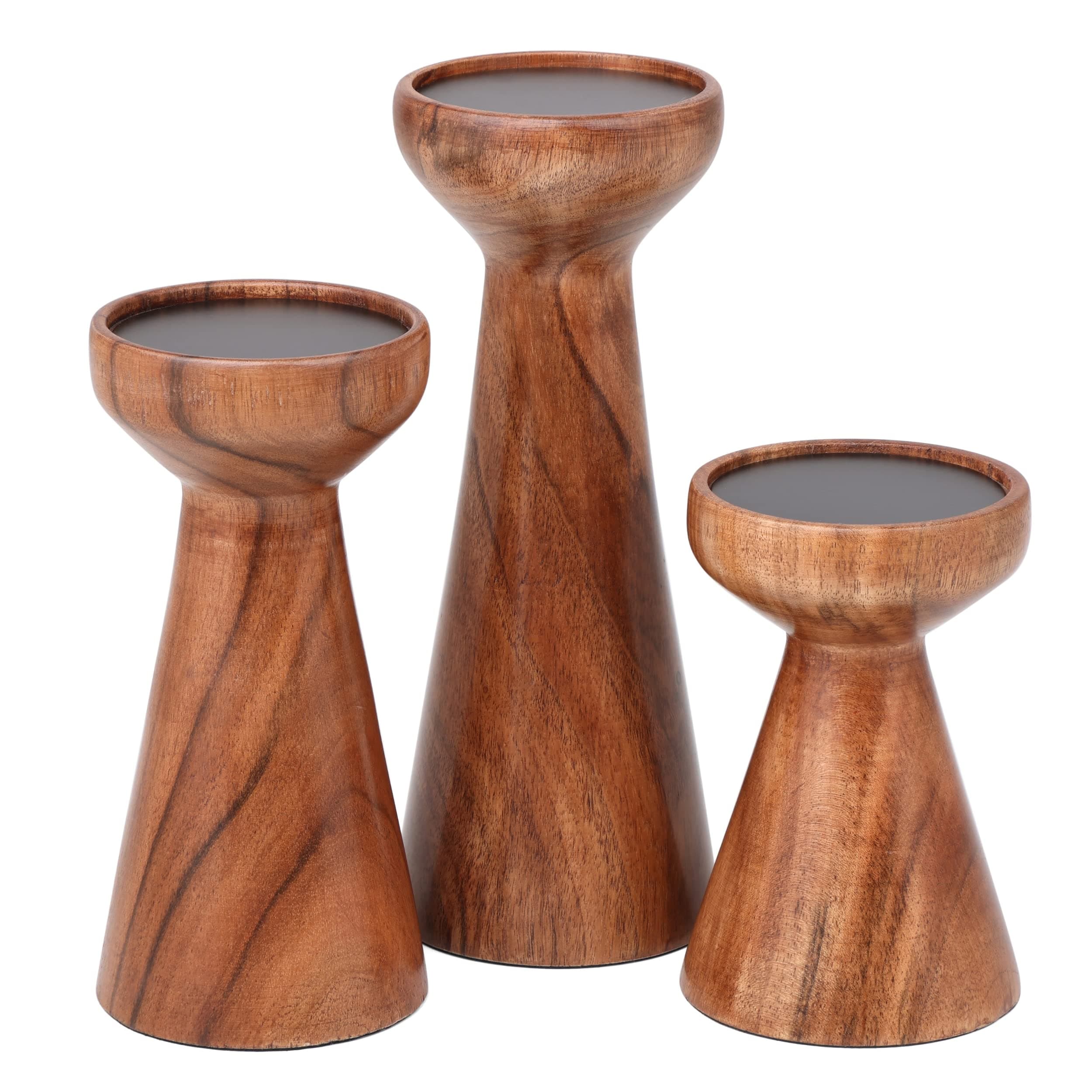 BIRDROCK HOME 3pc Flare Candleholders - Farmhouse Wooden Pillar Stand Set - Large Decorative Wood Candlestick - Table Centerpiece & Mantle Decor - Tall Tiered Candle Holders for Decorations - Natural