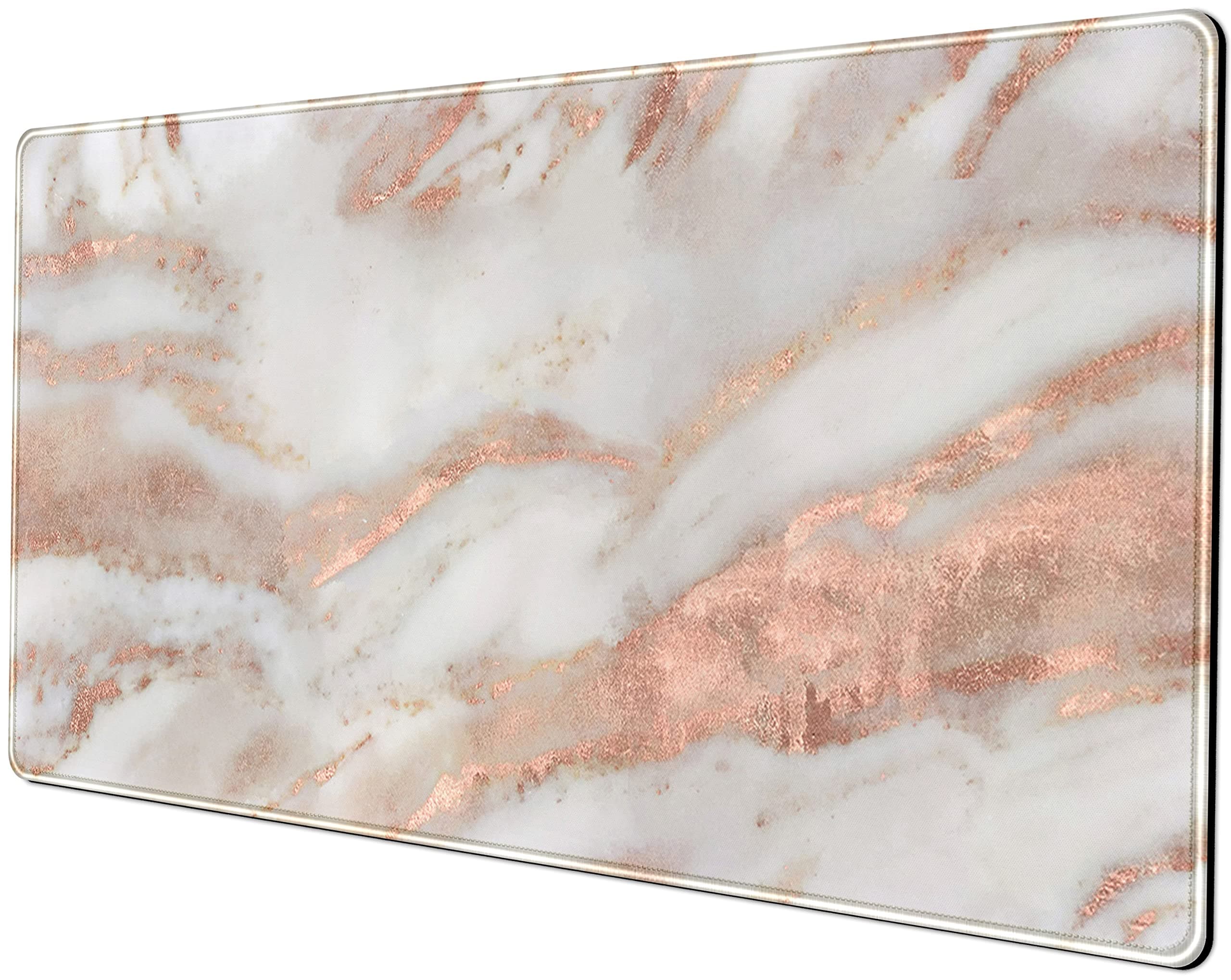 Rose Gold Marble Desk Mat Cute Desk Decor Mouse Pad, Abstraction Metallic Luxury Large Gaming Mousepad (31.5x15.75 in), Women Girly Keyboard Mat Computer Desk Pad for Work/Office/Home