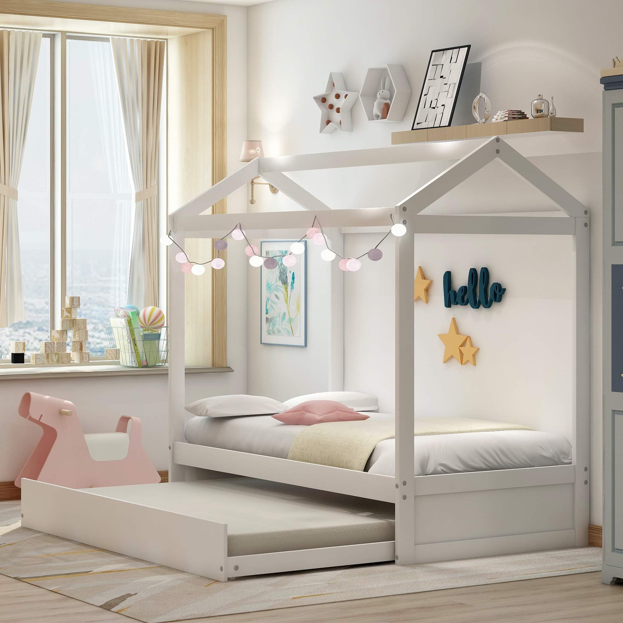 Twin Daybed with Trundle, Wood Twin Size House Bed/Toddler Bed/Floor Bed for Kids, Can Be Decorated, No Box Spring Required, Easy Assemble (White)