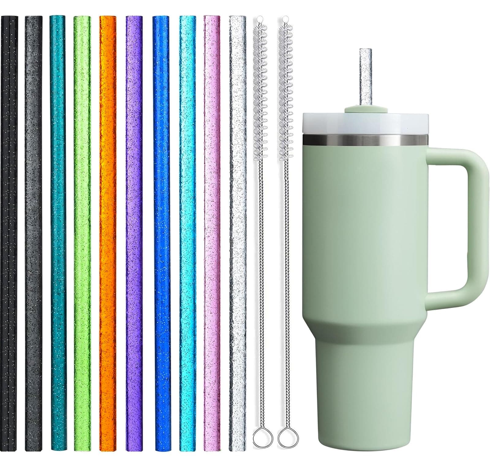 10 Pack Glitter Straws for Stanley 40 oz 30 oz Tumbler, 12 in Long Reusable Plastic Clear Straws for Stanley Cup Accessories, Half Gallon Jug, Plus 2 Cleaning Brush (Color)