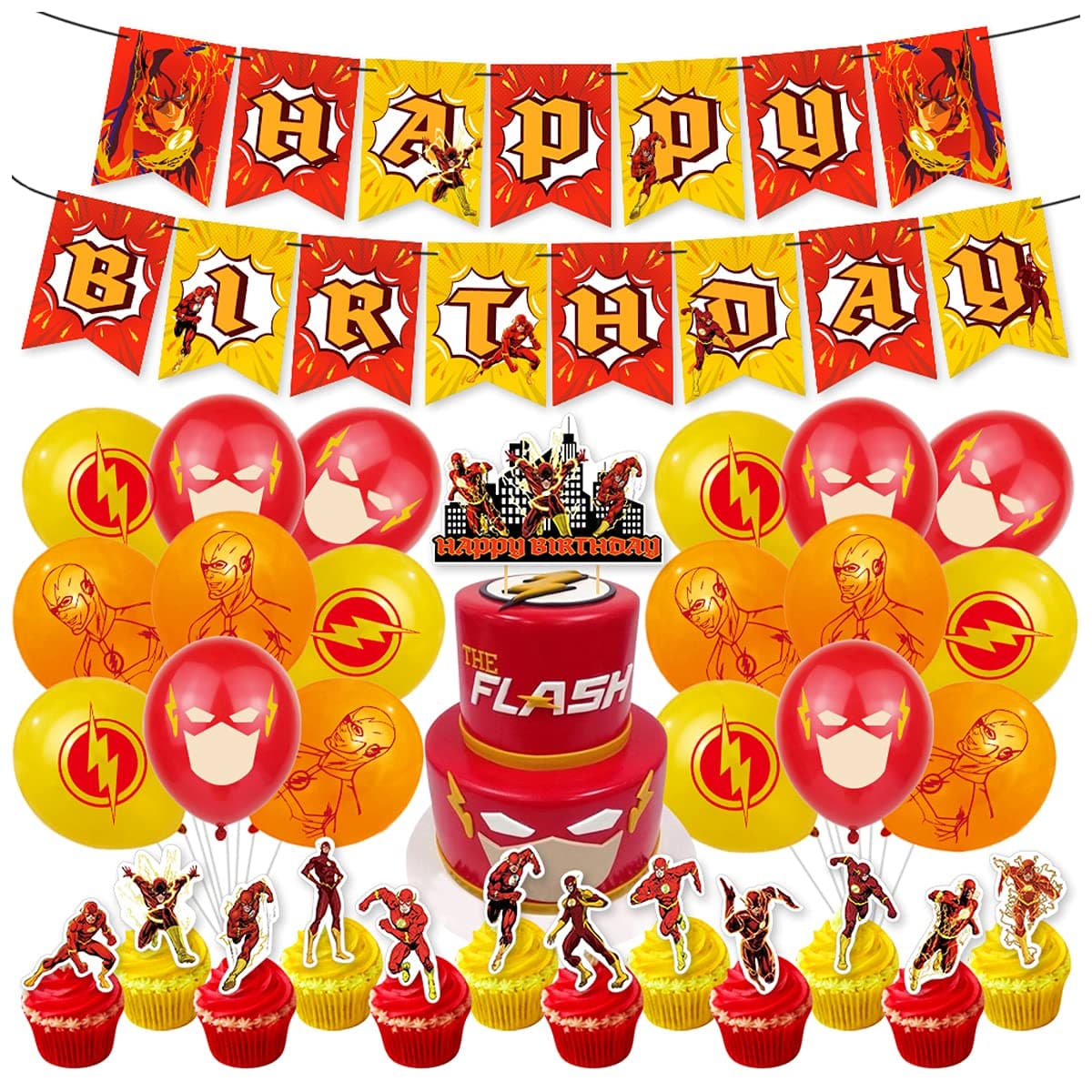Flash Birthday Party Supplies, hot wheels Party Decorations Included Birthday banner, Cake Topper, Cupcake Topper, Balloon
