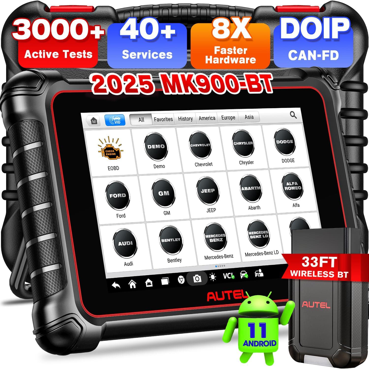 Autel Scanner MaxiCOM MK900BT 2025 8" MK900-BT Bi-Directional Scan Tool MK900 MK808S MaxiCheck MX900 MX808 MK808BT PRO, CAN FD DoIP OS11, 40+ Service 3000+ Active Test OE Diagnostic, FCA SGW