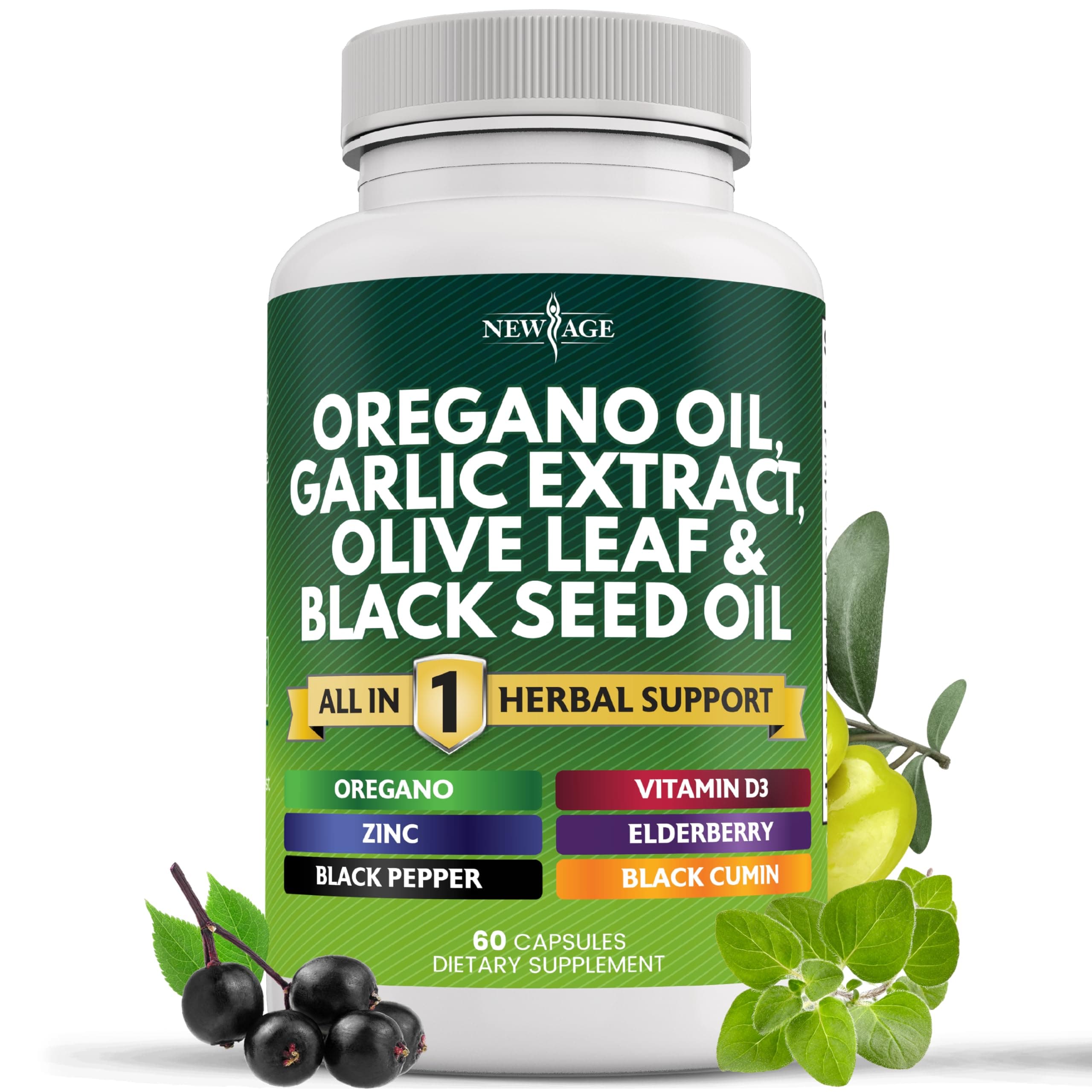 - NEW AGE Oregano Oil Garlic Extract Olive Leaf with Astragalus - Supplement for Women and Men - 60 Count