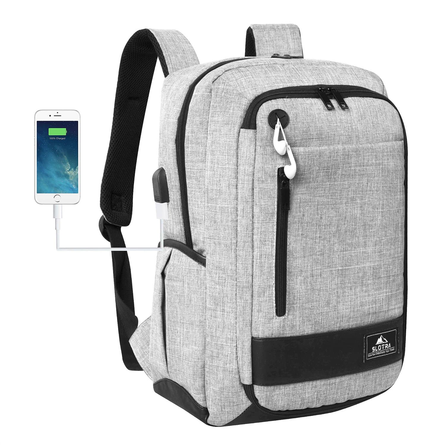 SLOTRA Anti Theft Laptop Backpack Durable Carry on Backpack for Travel and Business Flight Approved Carry On Bag with USB Charging Port Grey (grey 637)