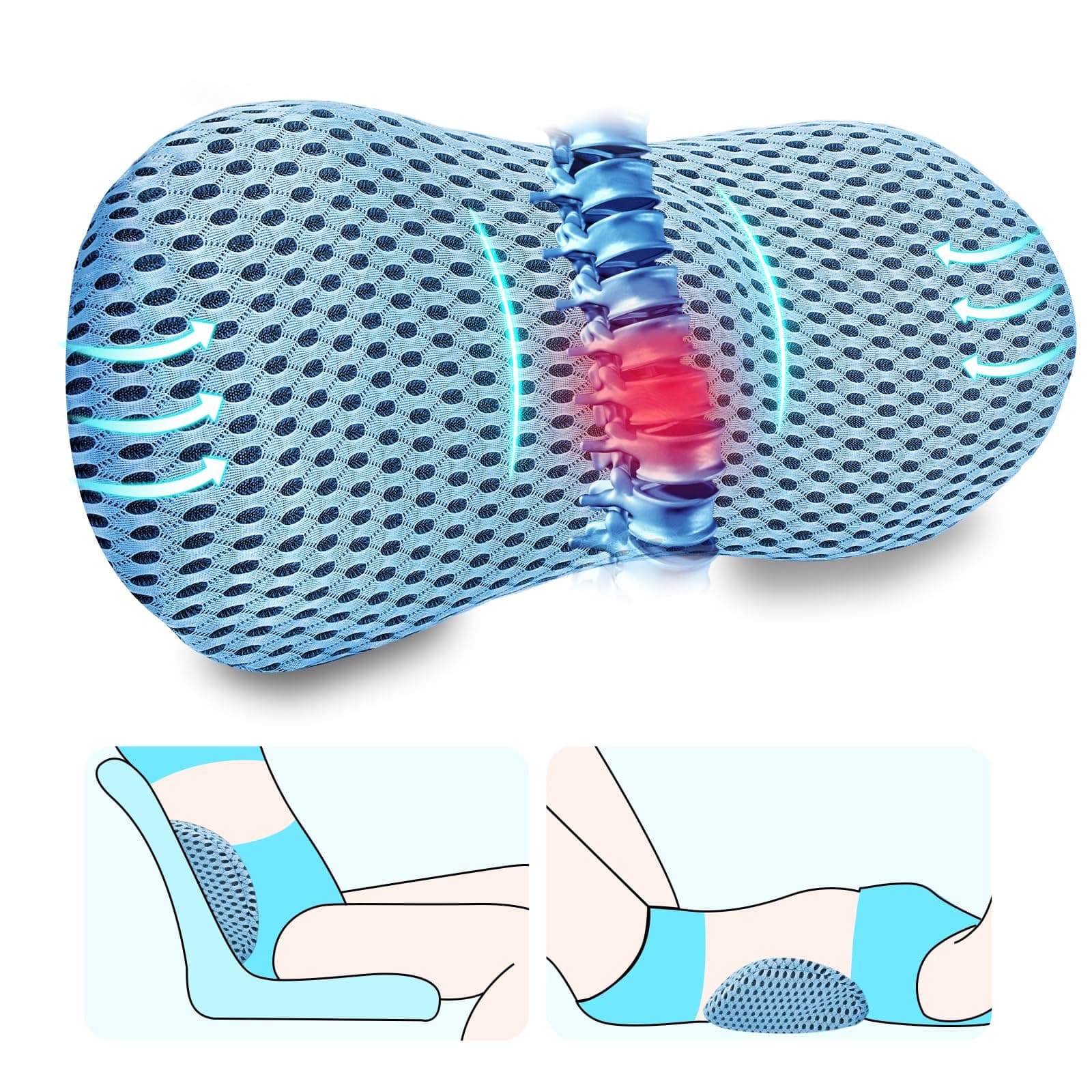 Lumbar Support Pillow Ergonomic Memory Foam, Relieve Back Pain, CMFY Breathable & Detachable & Washable, Perfect for Office Chairs, Car Seats, Beds (Blue)