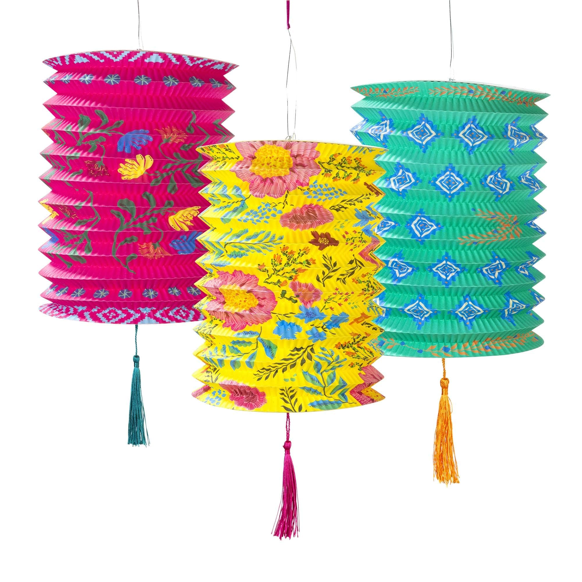 Talking Tables Pack of 3 Boho Chinese Paper Lanterns with Tassels | Pink, Yellow & Blue Hanging Party Decorations for Birthday, Mexican Fiesta, Garden Parties, Encanto Theme