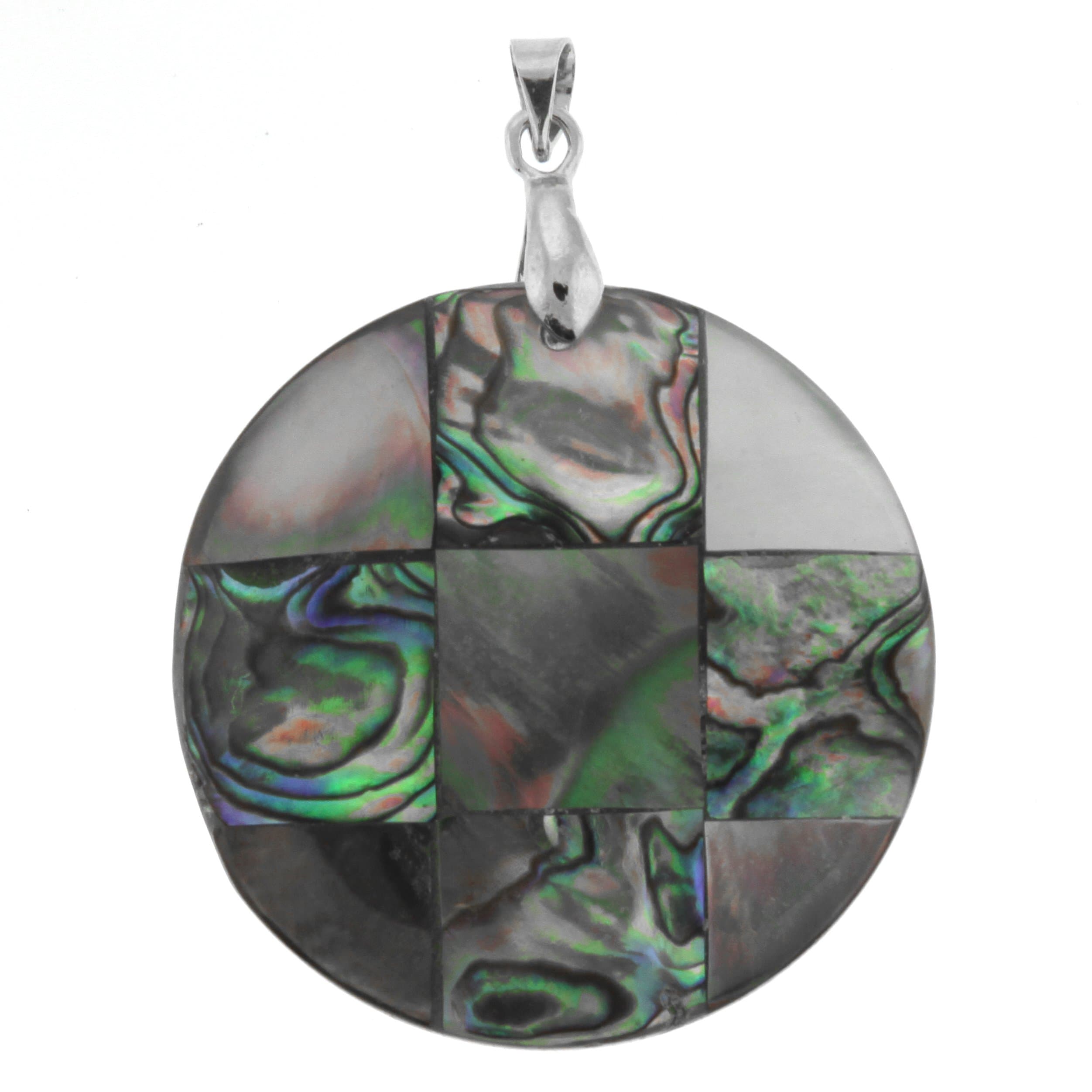 Abalone and Mother of Pearl Mosaic Style Round Pendant with 18" Rubber Choker