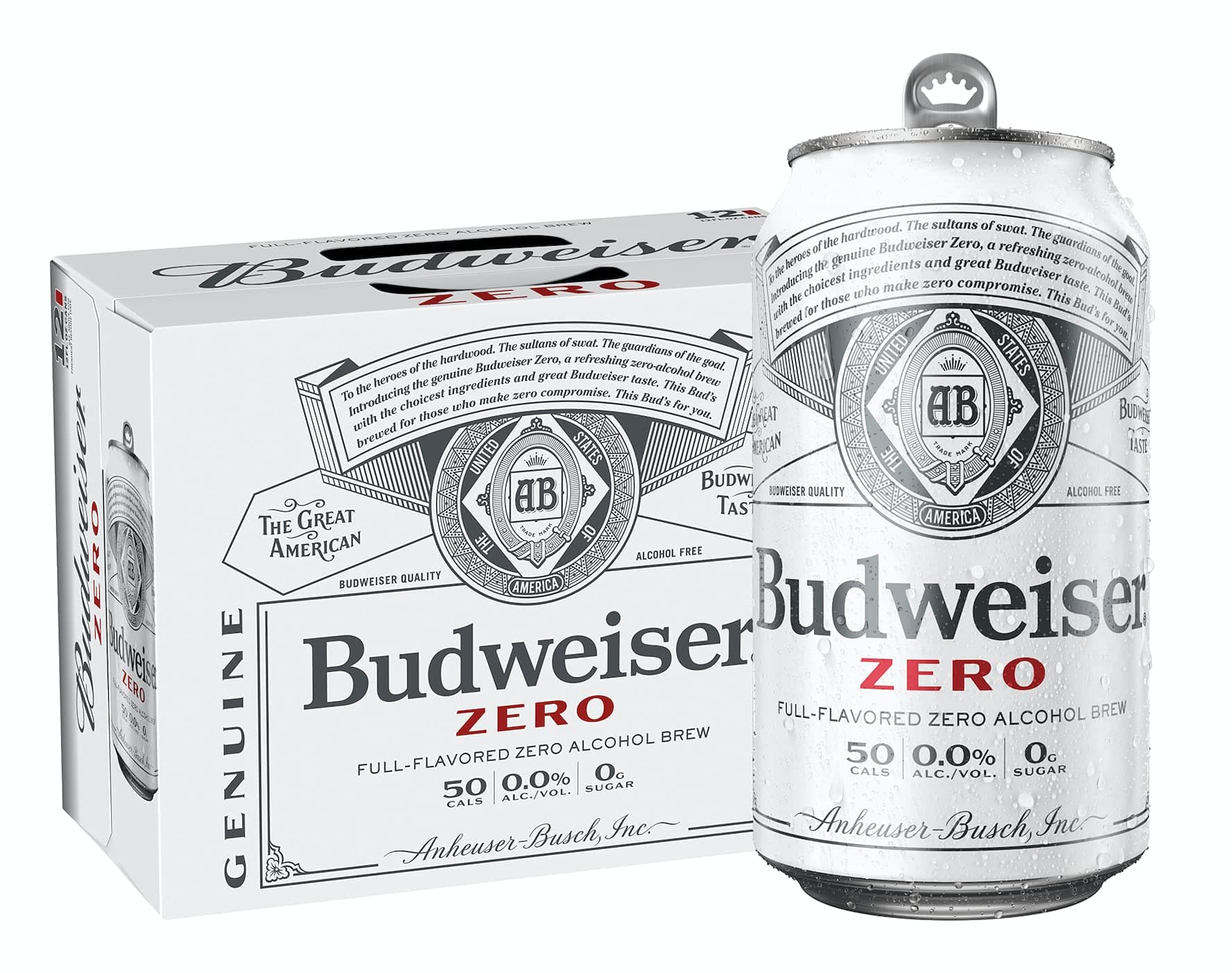 Orchard Hill [Pack of 12] Budweiser Full Flavored Zero Alcohol Brew, 0.00 ALC, NA Non-Alcoholic Beer, 50 Cal, Zero Sugar, Cans, 12 Fl Oz (Pack of 12)