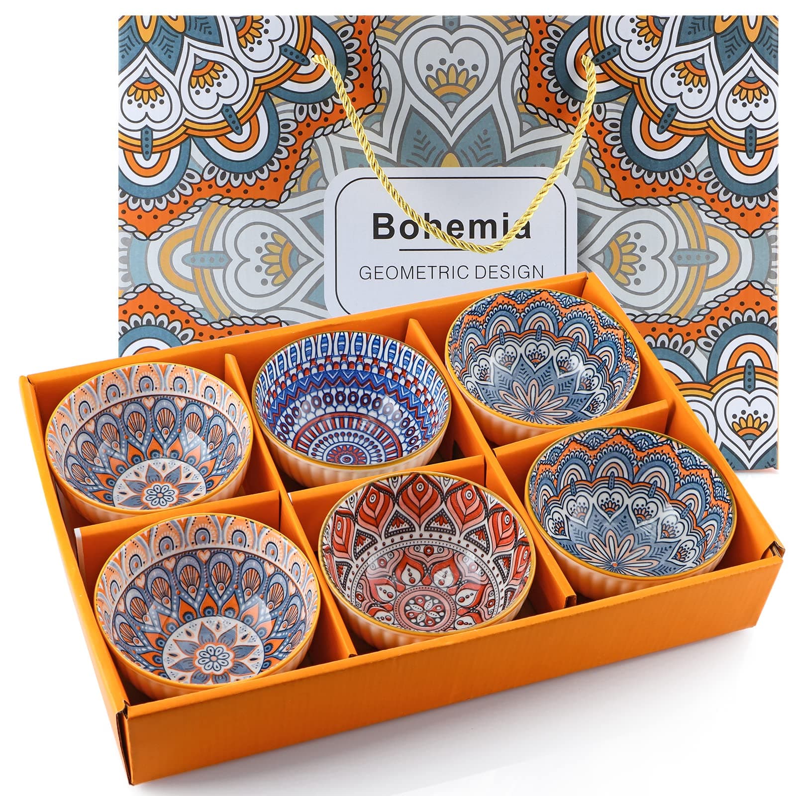 Ceramic Rice Bowls 10 oz, Bohemian Style Bowl Gift Set, Assorted Dinnerware Serving Bowls for Cereal, Soup, Dessert, Snack, Fruit, Salsa, Pack of 6 (Geometric Pattern)