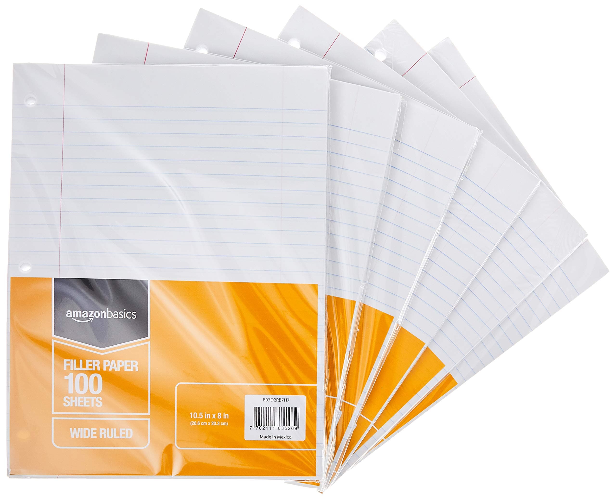 Amazon Basics Wide Ruled Loose Leaf Filler Paper, 600 Count (6 Packs of 100 Sheets), 10.5 x 8 Inch, 6-Pack, White