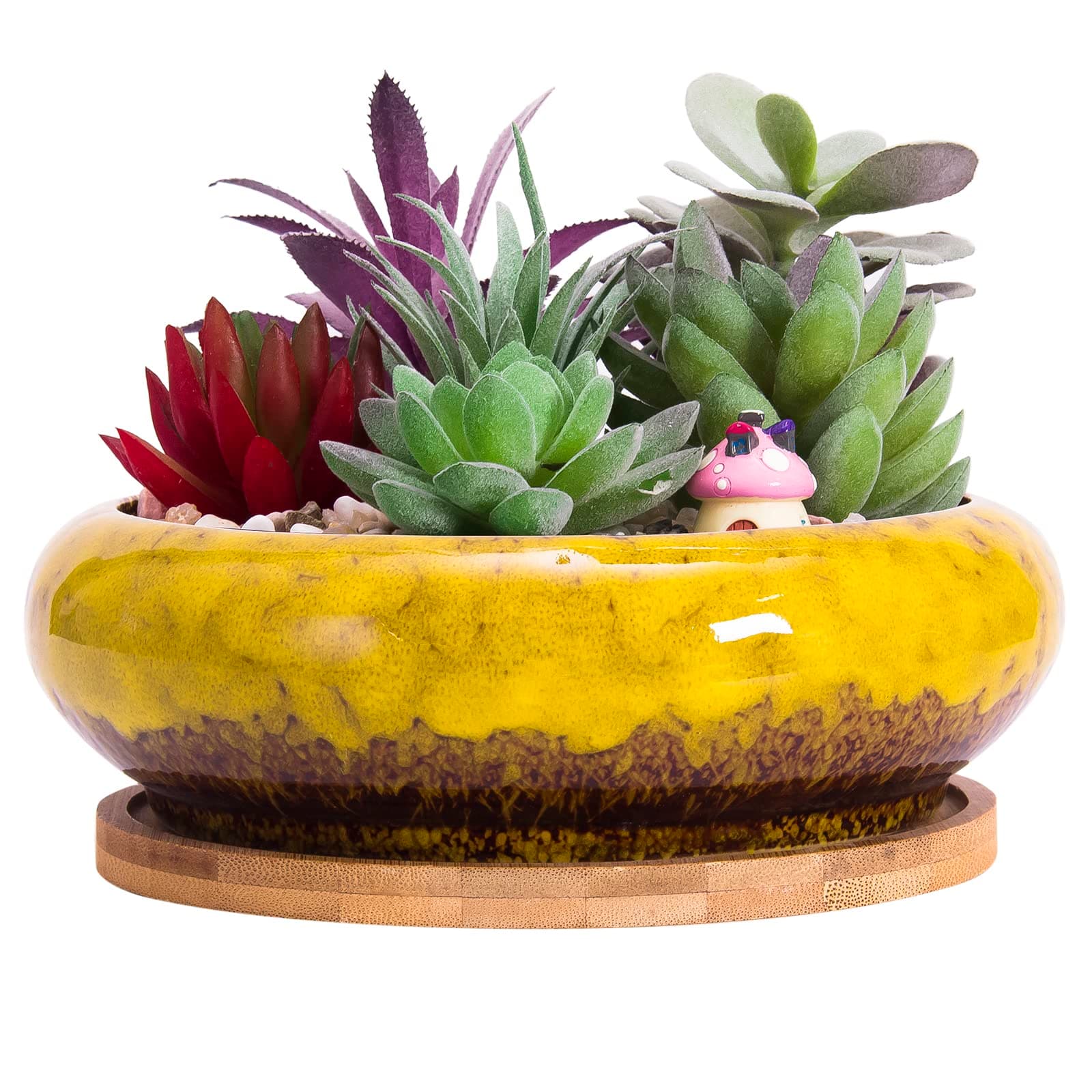 7.3 inch Round Succulent Planter Pots with Drainage Hole Bonsai Pots Garden Decorative Cactus Stand Ceramic Glazed Flower Container Yellow, with Bamboo Tray