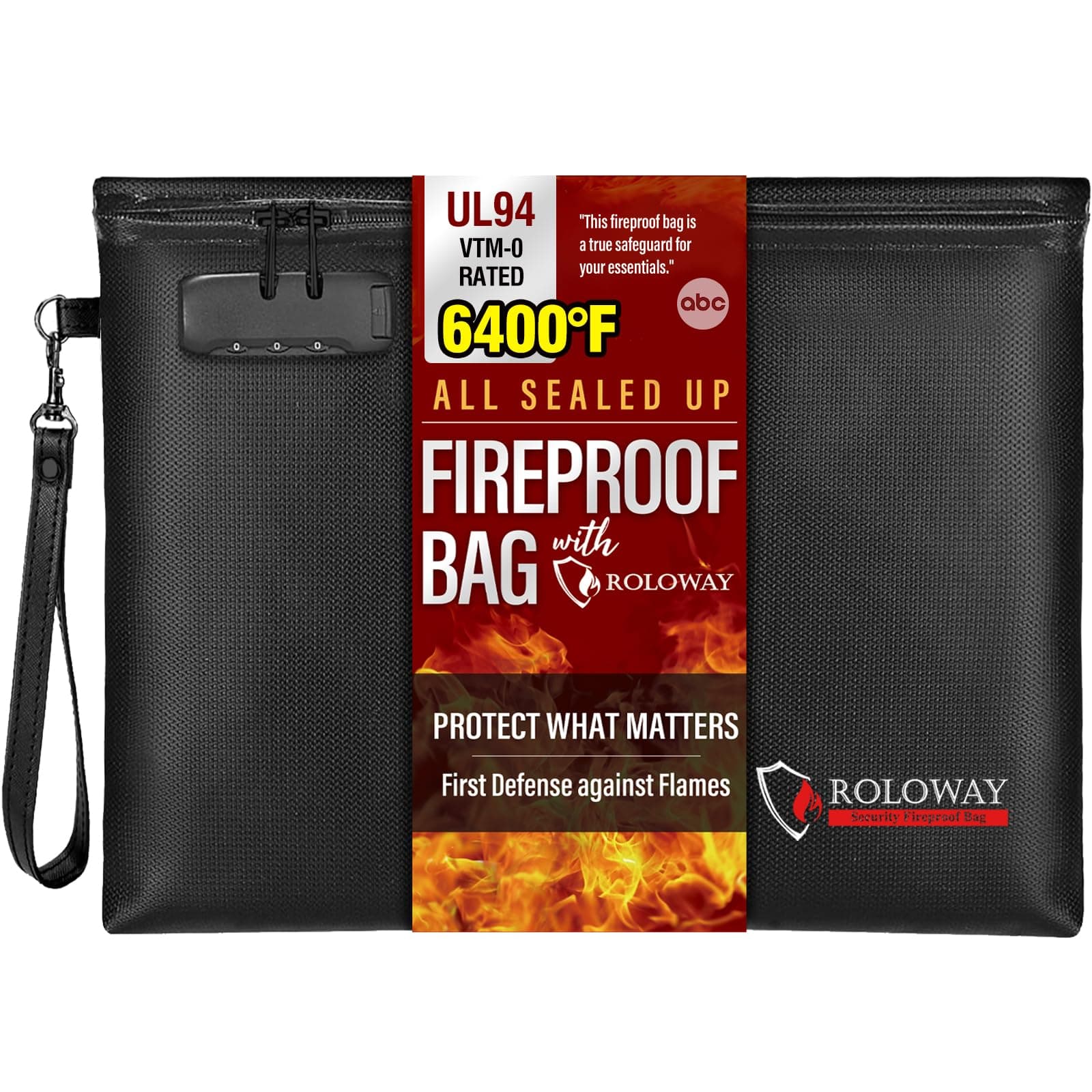 Fireproof Document Bag (14.5 x 11.5 inch), 6400℉ Money Pouch With Zipper for Cash, Fire Safe Banker Bag, Smell Proof With Lock (Black)