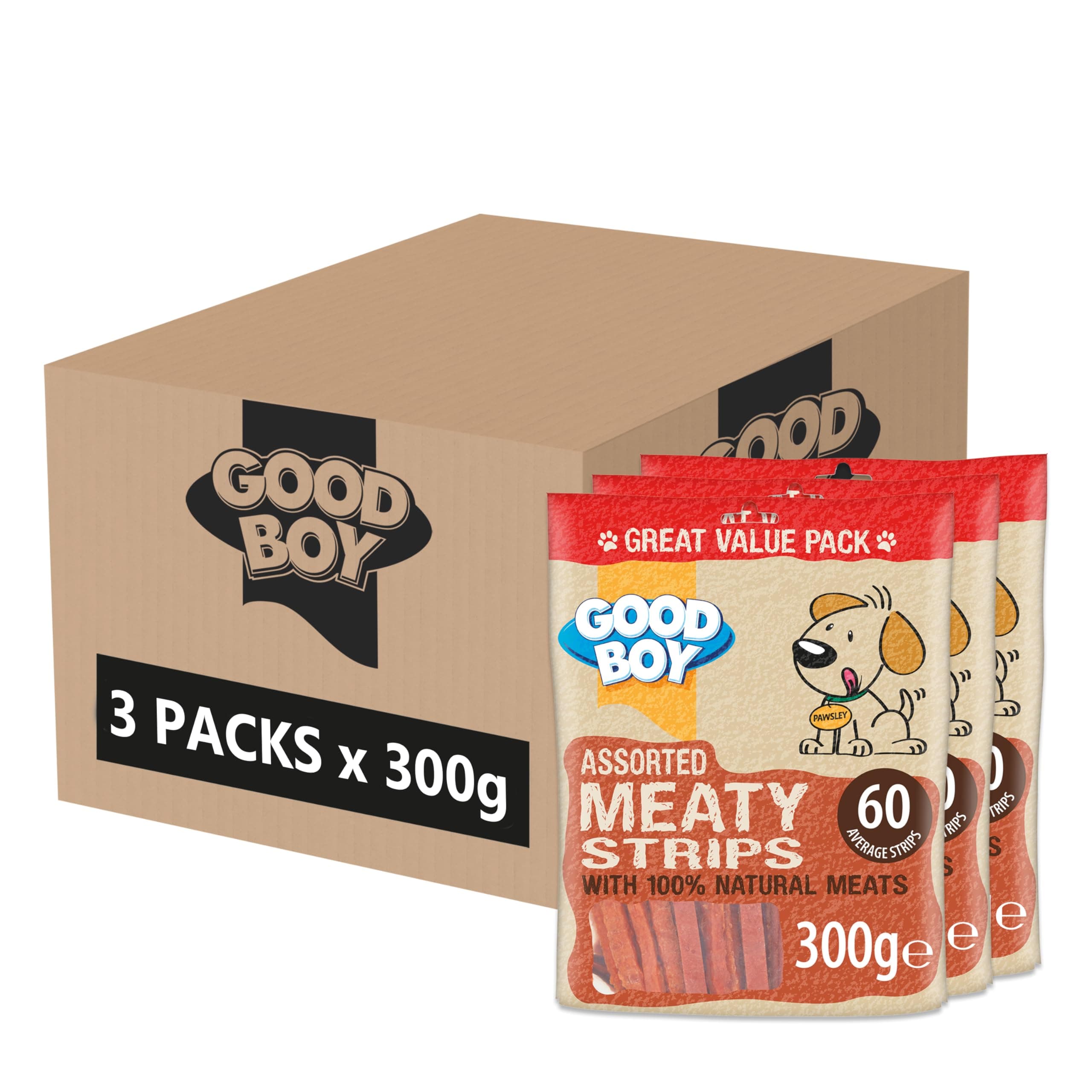 Good Boy Meaty Strips - Natural Dog Treats - Chicken, Beef & Duck Variety - Bulk Box - 3 x 300g