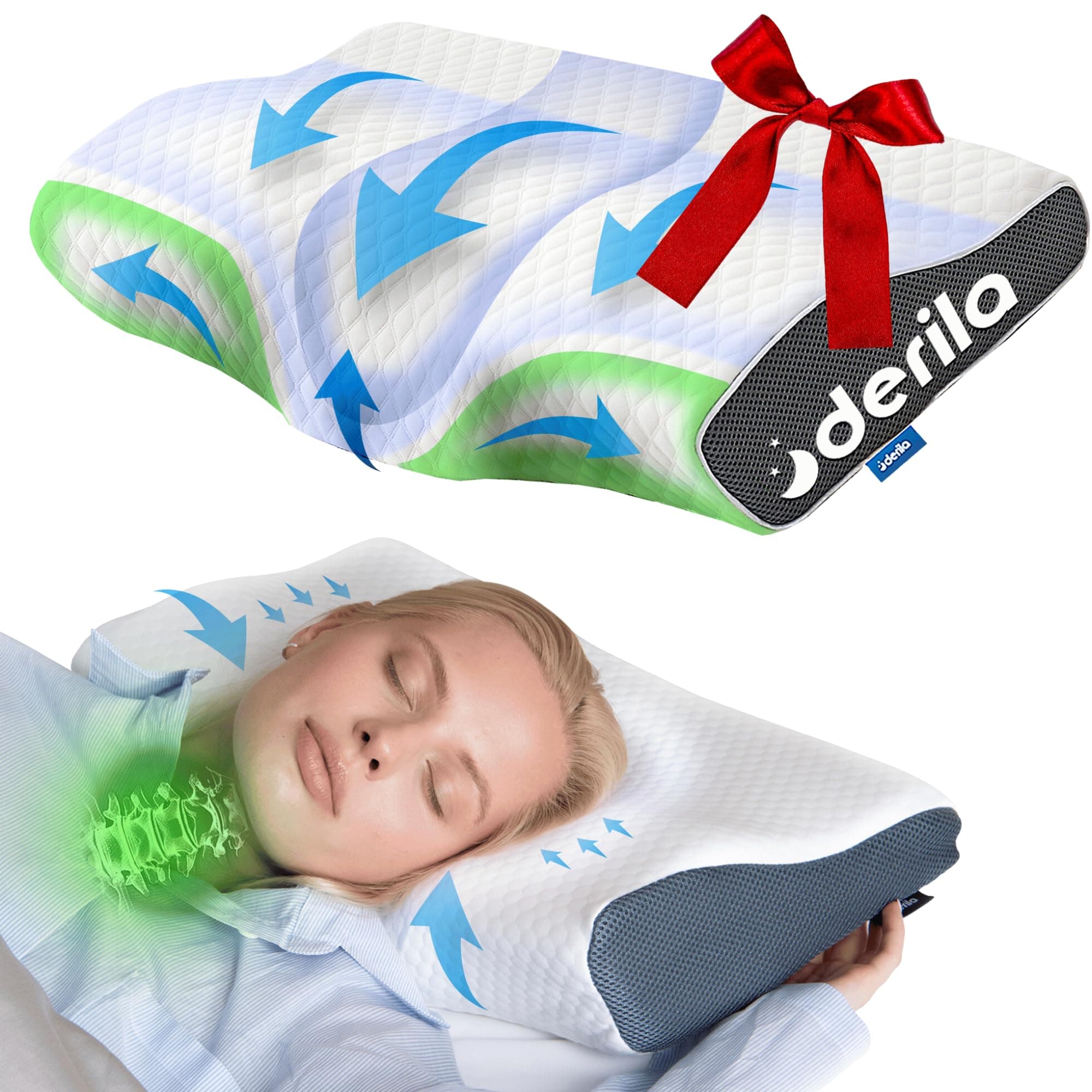 Derila Cervical Memory Foam Pillow | The Ergonomic Bed Pillows for Side, Back, Stomach Sleepers. Neck Contoured Support Pillow Improves Sleep. Wake up Refreshed with Neck & Shoulder Pain Relief