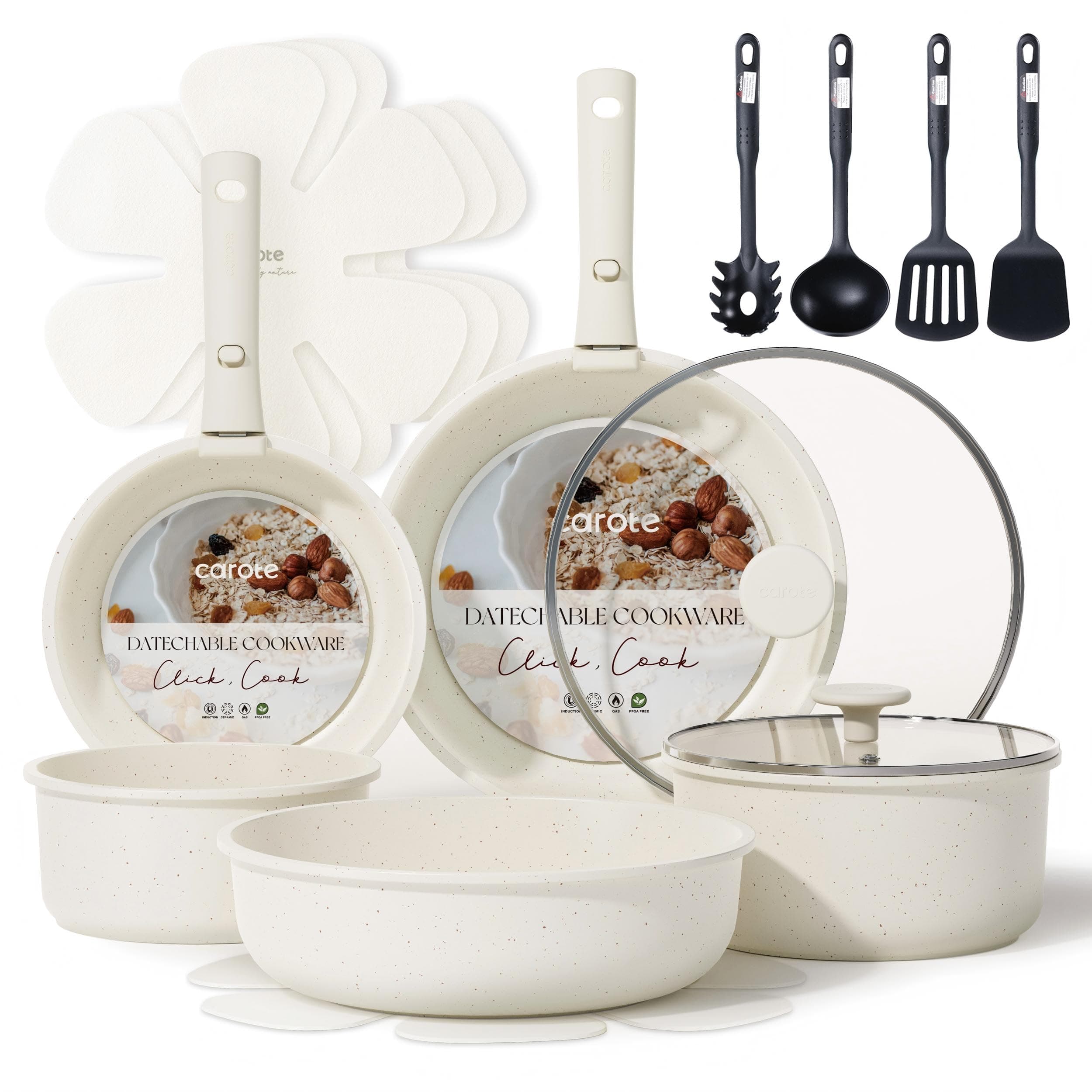 17pcs Pots and Pans Set, Nonstick Cookware Set Detachable Handle, Induction Kitchen Cookware Sets Non Stick with Removable Handle, RV Cookware Set, Oven Safe