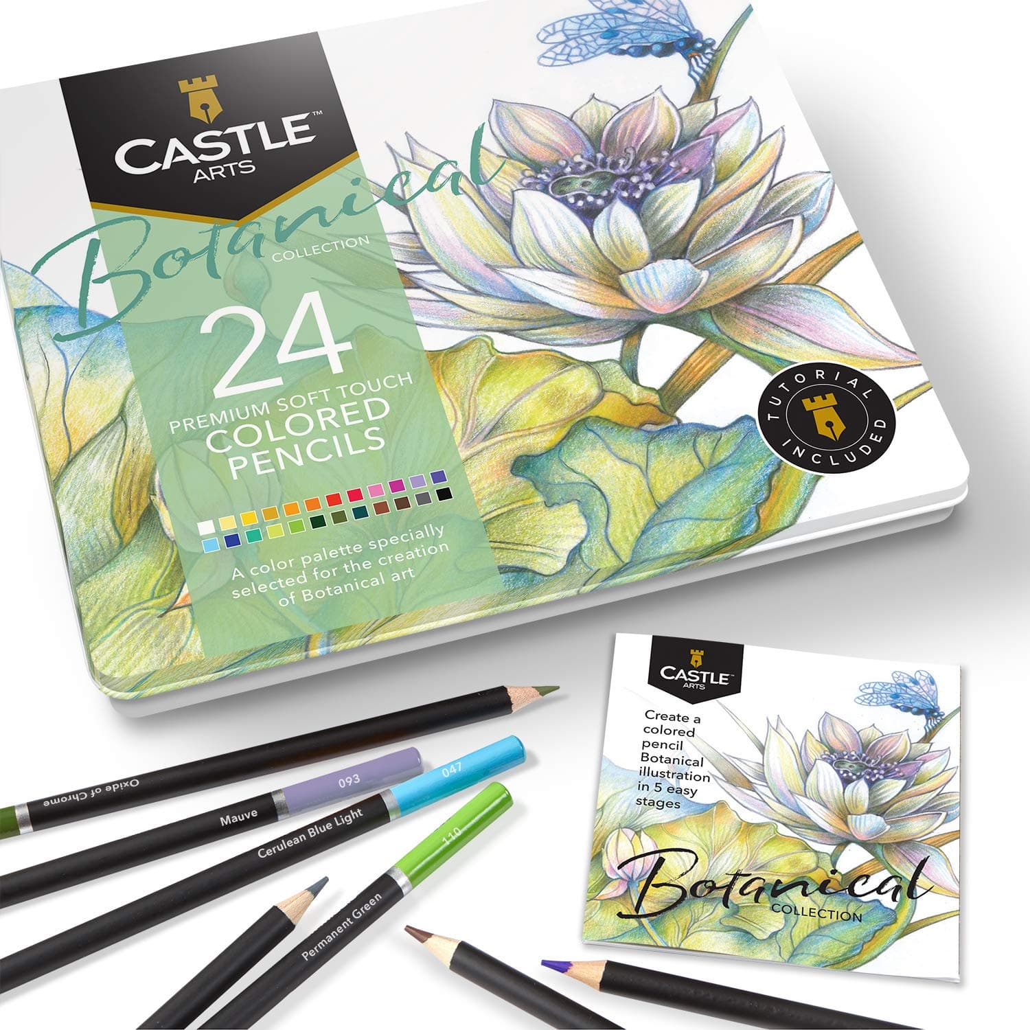 Castle Arts Themed 24 Coloured Pencil Set in Tin Box, Perfect Colours for ‘Botanical’ Art. Featuring Quality, Smooth Coloured Cores, Superior Blending & Layering Performance for Great Results