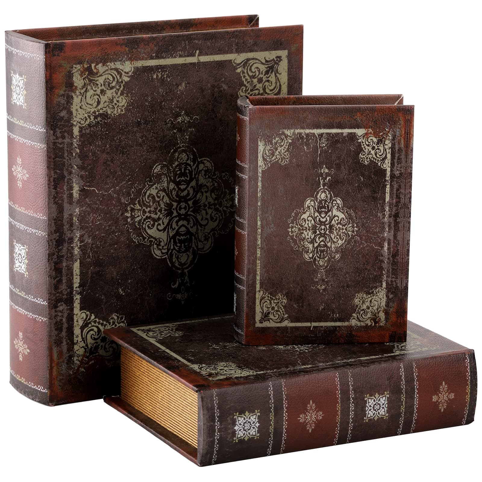 Tosnail 3 Pack Decorative Book Boxes with Magnetic Cover, Wooden Antique Book...