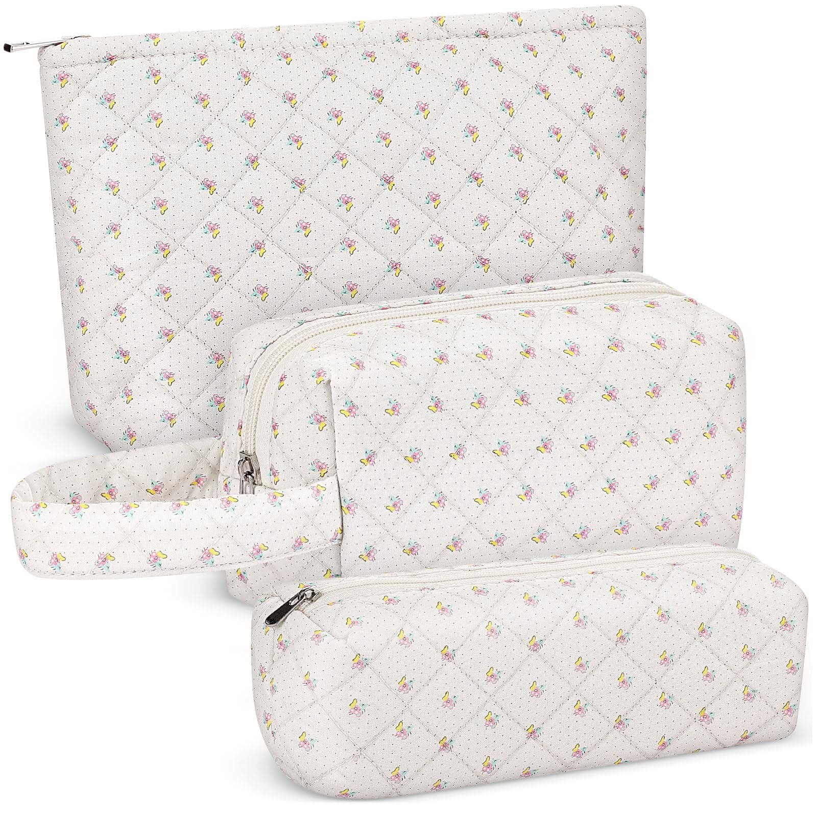 Sweetude3 Pcs Coquette Makeup Bag Cotton Quilted Cosmetic Bag Set Cute Aesthetics Makeup Pouch Kawaii Toiletry Bag Travel Coquette Accessories Gift for Women (Floral)