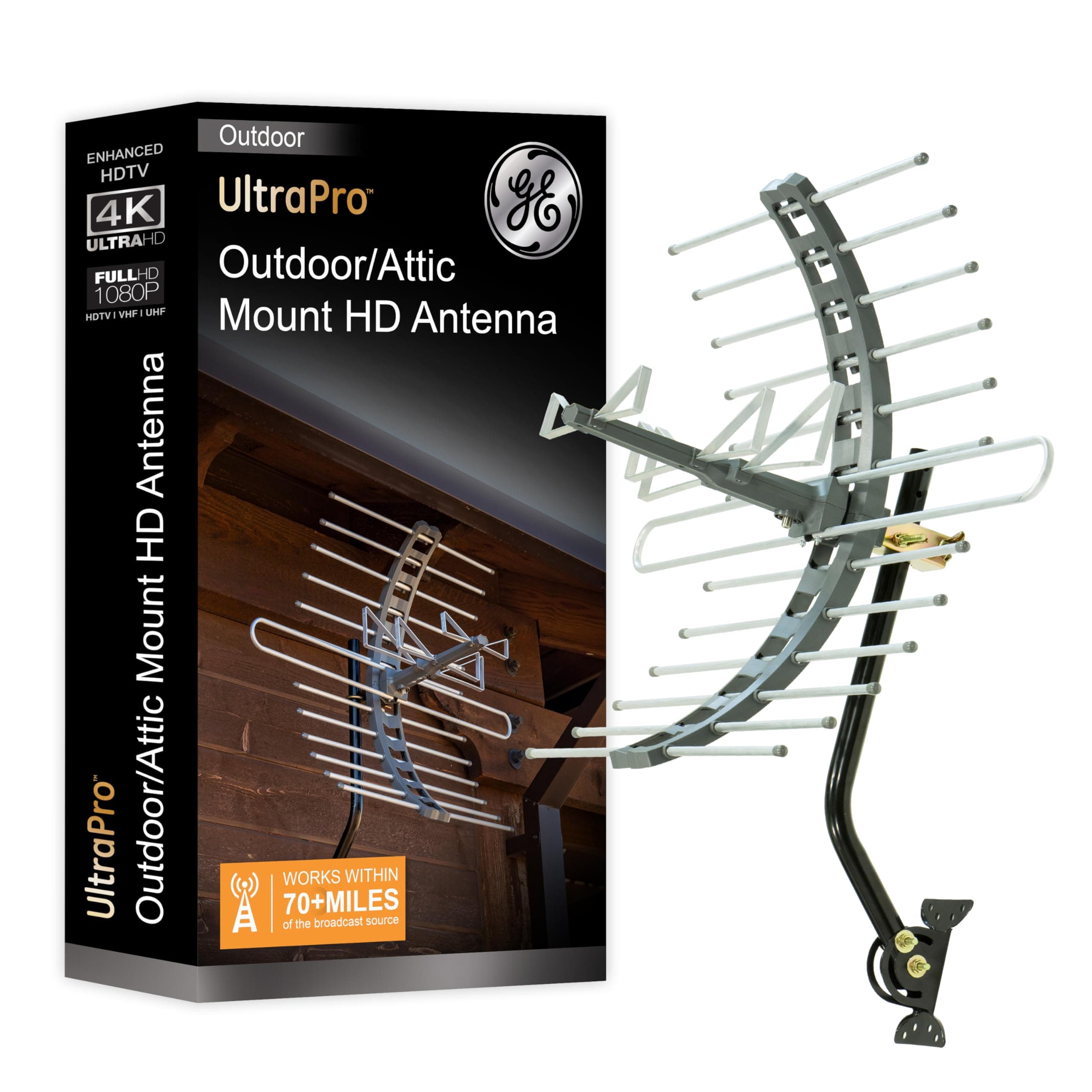 GE Pro Outdoor TV Antenna, Long Range Antenna, 4K 1080P VHF UHF Digital HDTV Antenna, J Mount Included, Weather Resistant, Indoor Attic Mountable, 29884